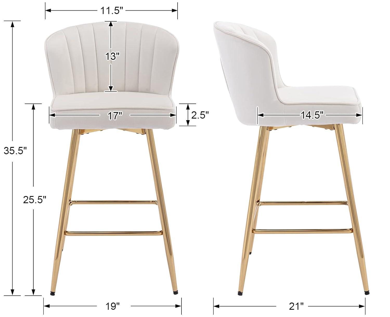 Counter Height Stools Set of 2, Velvet Bar Stools with 27 Inches Upholstered Seat Height, Handmade Woven Back Armrest, Sturdy Golden Metal Legs for Home Dining Pub Kitchen Island, Beige