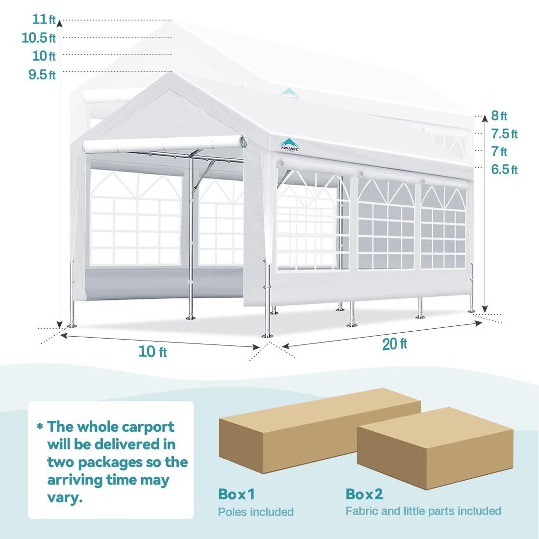 ADVANCE OUTDOOR 10'x20' Heavy Duty Steel Carport Car Canopy, Adjustable Height from 9.5ft to 11ft with Removable Window Sidewalls and Doors, White