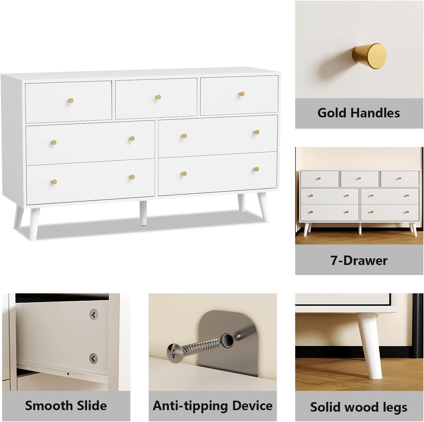 White Modern Wood Dresser with 7 Drawers and Metal Handles