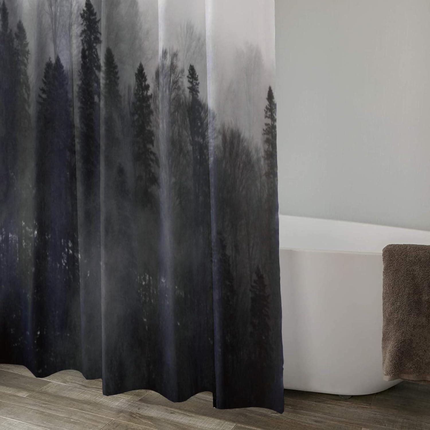 Black and White Fabric Shower Curtain for Bathroom with 12 Hooks, Nature Forest Tree Mountain Bath Shower Curtain Set for Hotel Home Men Women - 72 x 72 Inch