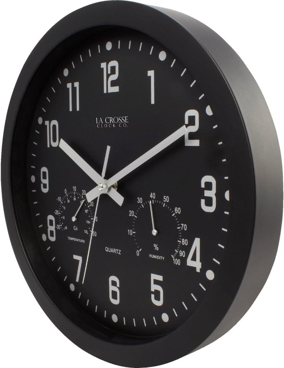 La Crosse 12'' Black Analog Wall Clock with Temperature and Humidity