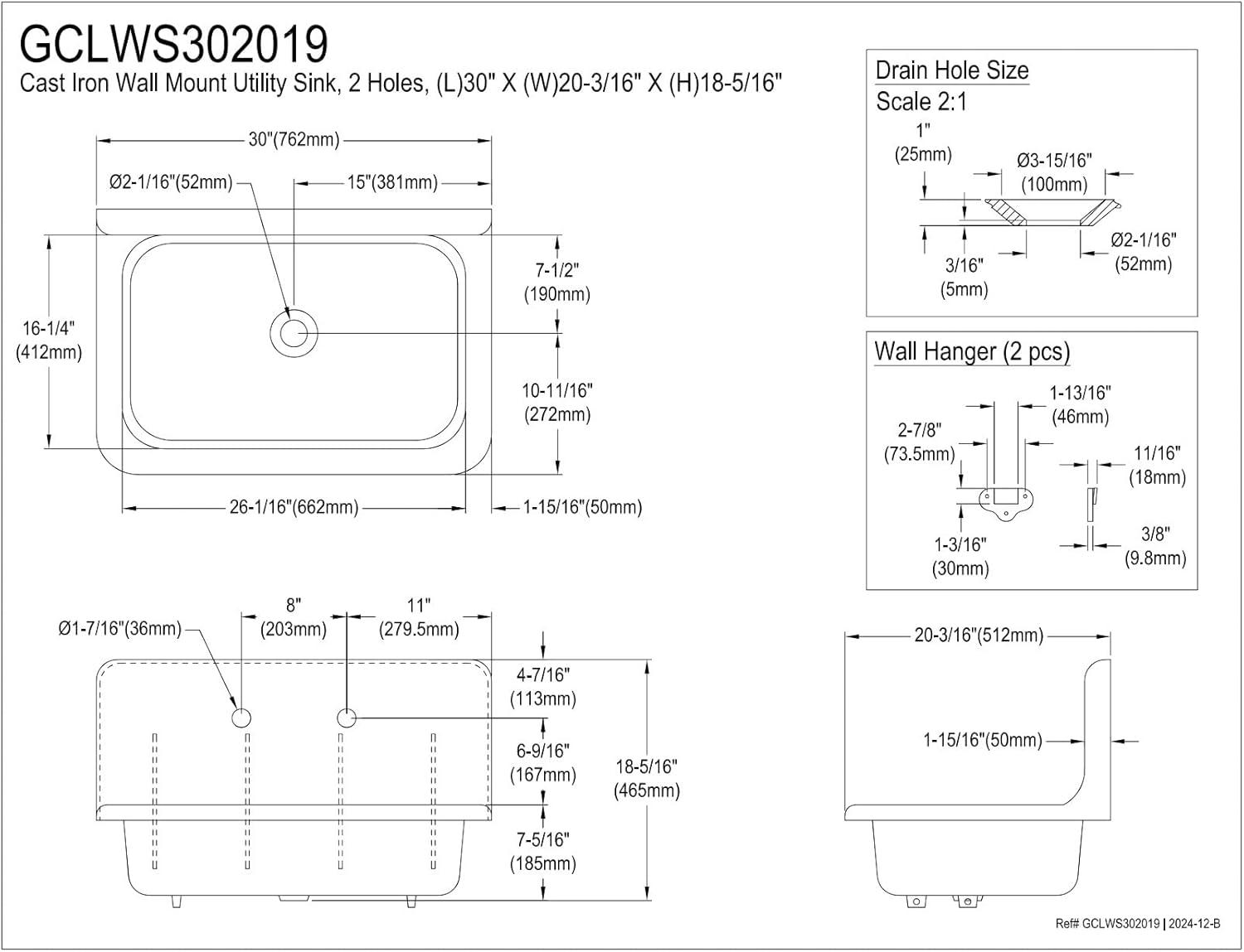 Kingston Brass Towne 30-Inch Cast Iron Wall Mount 2-Hole Single Bowl Kitchen Sink