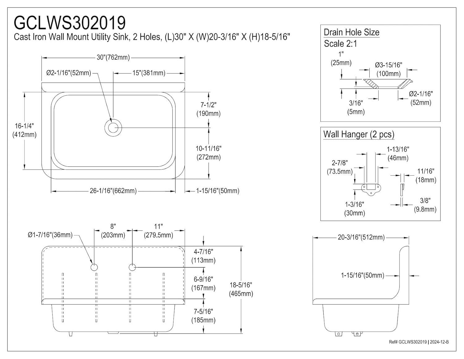 Kingston Brass Towne 30-Inch Cast Iron Wall Mount 2-Hole Single Bowl Kitchen Sink