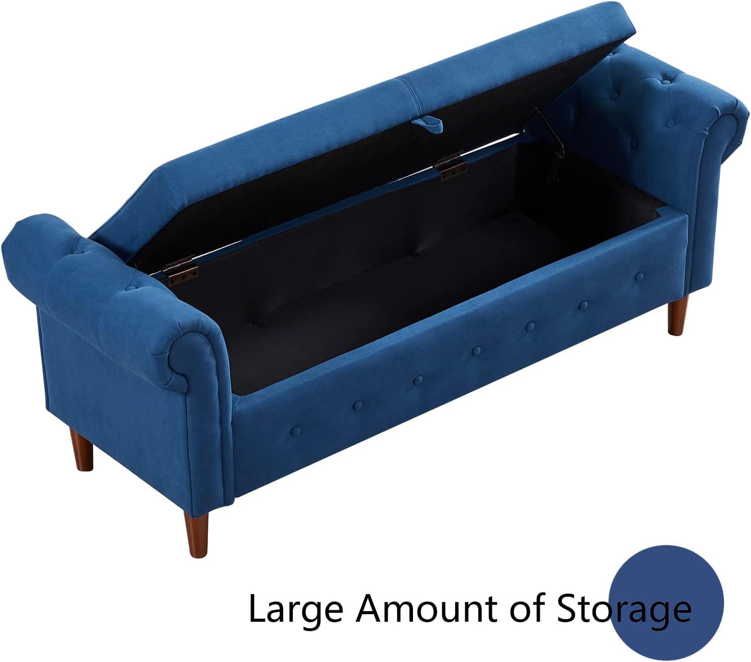 Navy Blue Linen Rolled Arm Storage Bench with Wooden Legs