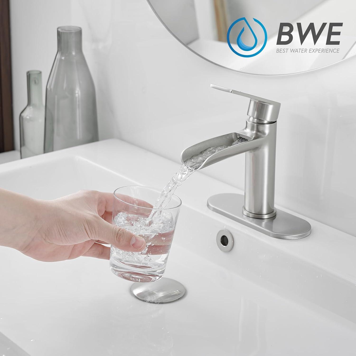 BWE Bathroom Faucets Waterfall Bathroom Faucet with Pop Up Drain for Bathroom Sink Single Hole Farmhouse RV Bathroom Basin Faucet Brushed Nickel