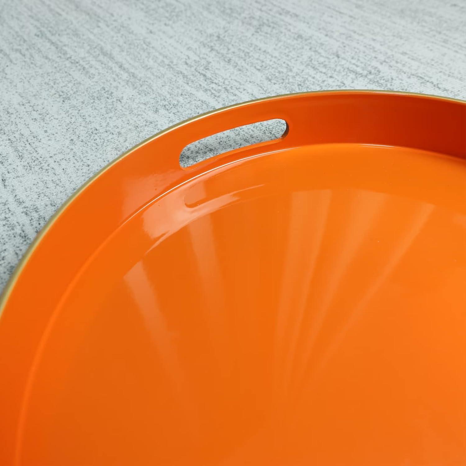 13" Orange Plastic Round Serving Tray with Handles