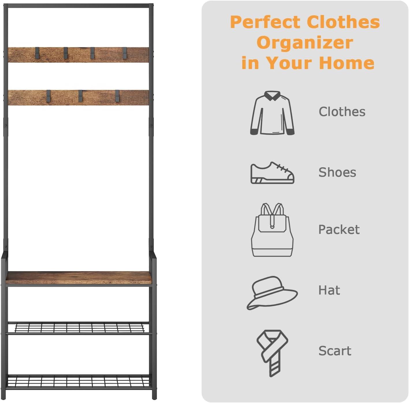 HOMEKOKO Coat Rack Shoe Bench, Hall Tree Entryway Storage Bench, Wood Look Accent Furniture with Metal Frame, 3-in-1 Design