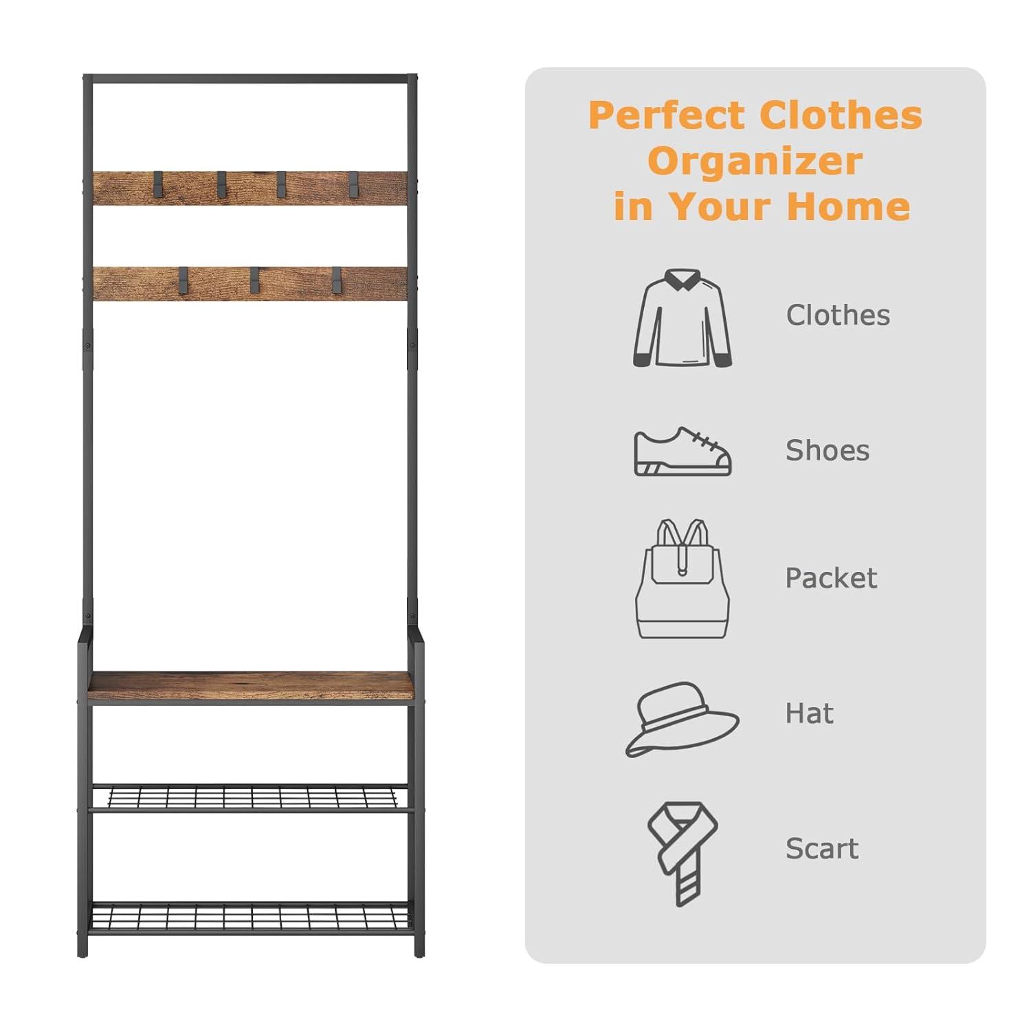 HOMEKOKO Coat Rack Shoe Bench, Hall Tree Entryway Storage Bench, Wood Look Accent Furniture with Metal Frame, 3-in-1 Design