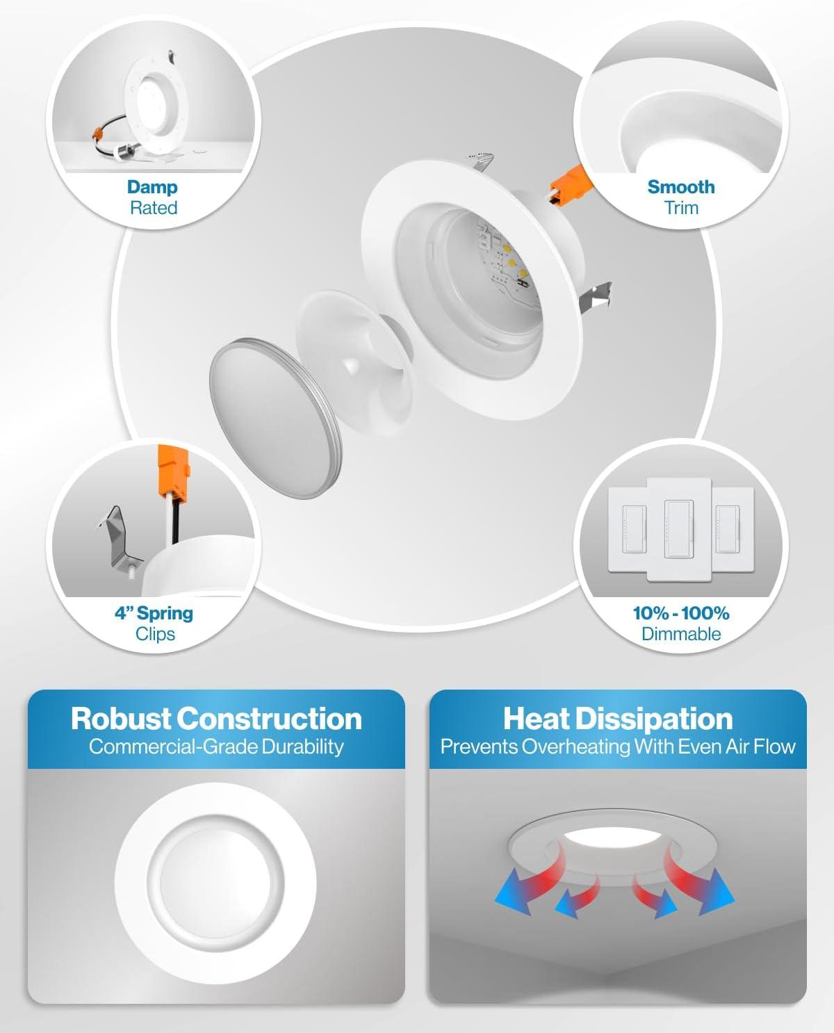 Sunco 12 Pack 4 Inch LED Recessed Lights Retrofit, Dimmable Can Lighting, 660 LM, 11W (40W Equivalent), Selectable CCT 2700K/3000K/3500K/4000K/5000K, Smooth Trim, Damp Rated UL