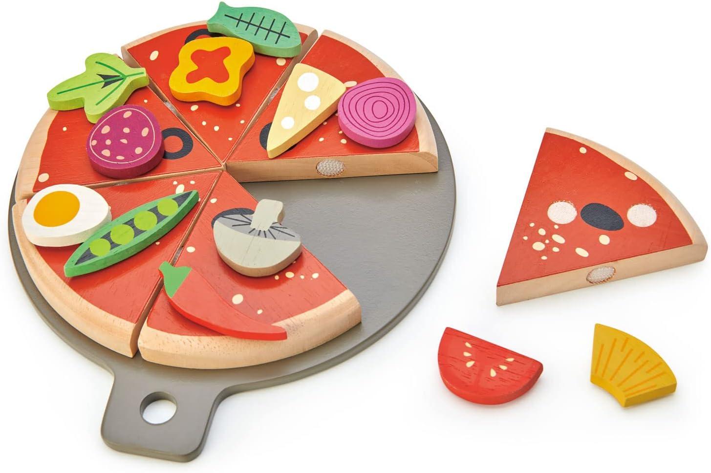 Tender Leaf Toys - Pizza Party - 6 Slices of Realistic Pizza Toy Set with 12 Different Toppings, Kraft Card Take-Out Box Included - Pretend Play Food for Kids - 3+