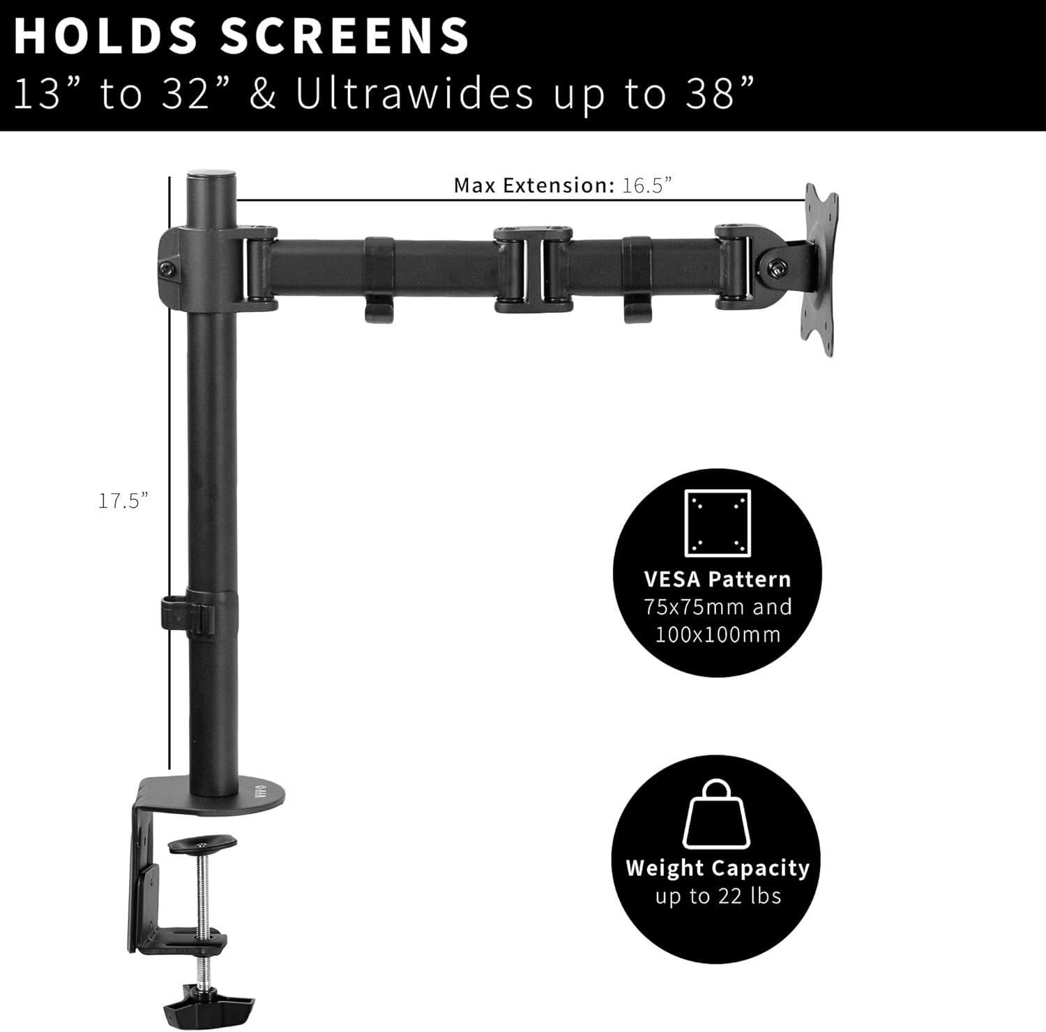 Black Adjustable Single Monitor Desk Mount with Cable Management