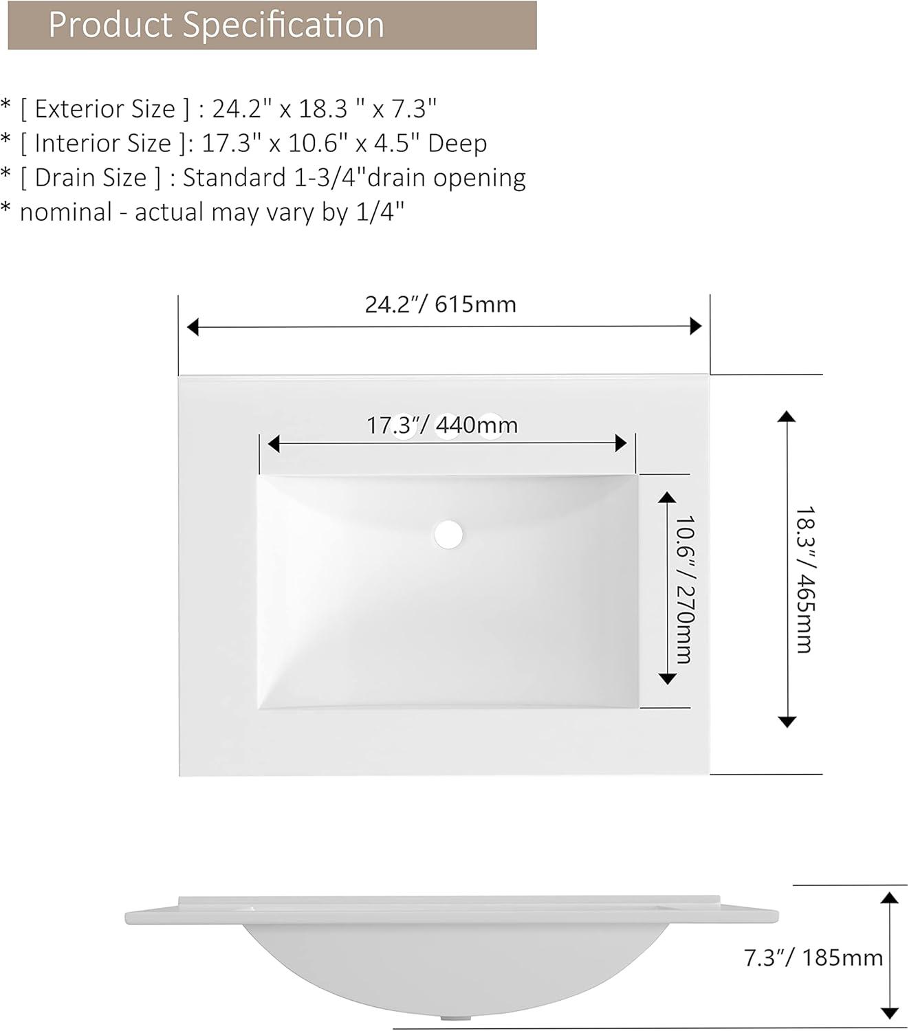 MEJE 24x18 inch Drop In Rectanglar 3 Holes Bathroom Sink, Vanity Top Only, White Glossy Finish