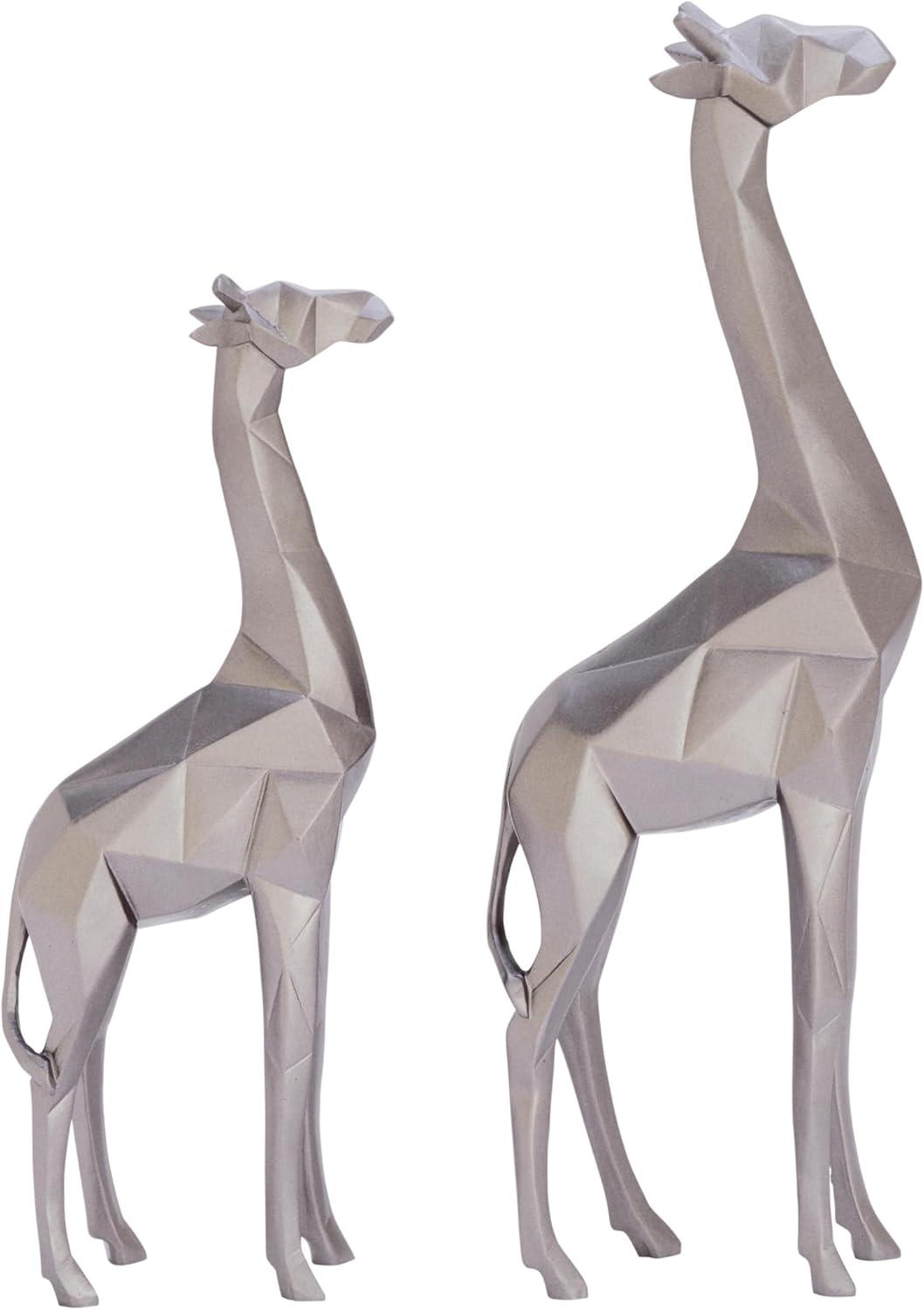 Silver Geometric Polystone Giraffe Sculptures, Set of 2