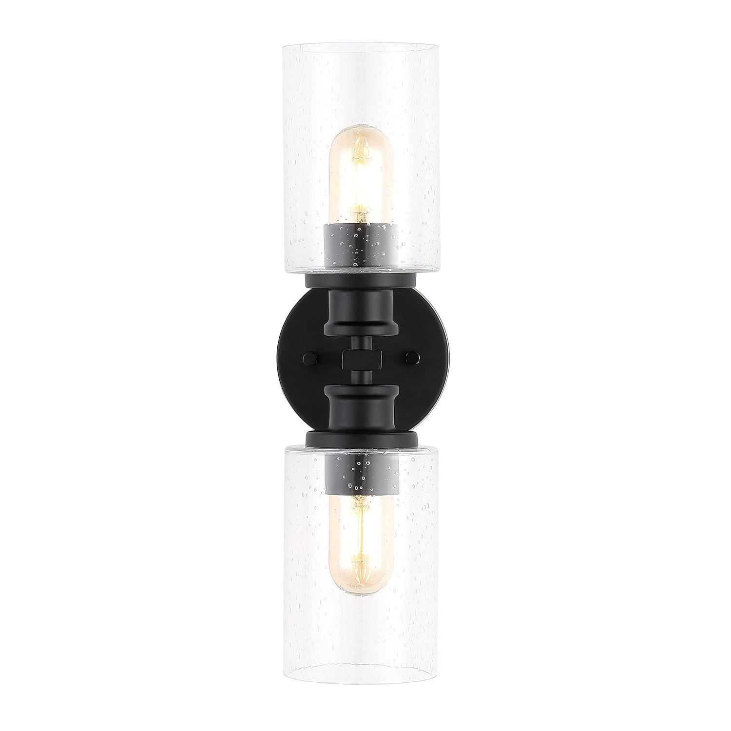 JONATHAN Y Jules Edison 16.5" Cylinder 2-Light Iron/Seeded Glass Farmhouse Contemporary LED Wall Sconce, Black