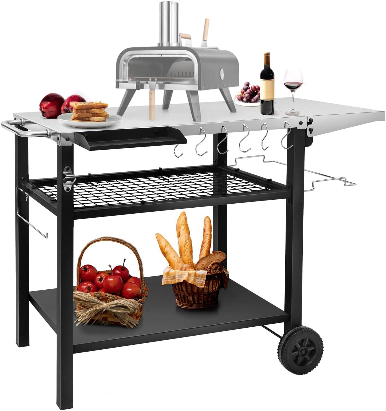 Stainless Steel Three-Shelf Outdoor Grill Cart with Wheels