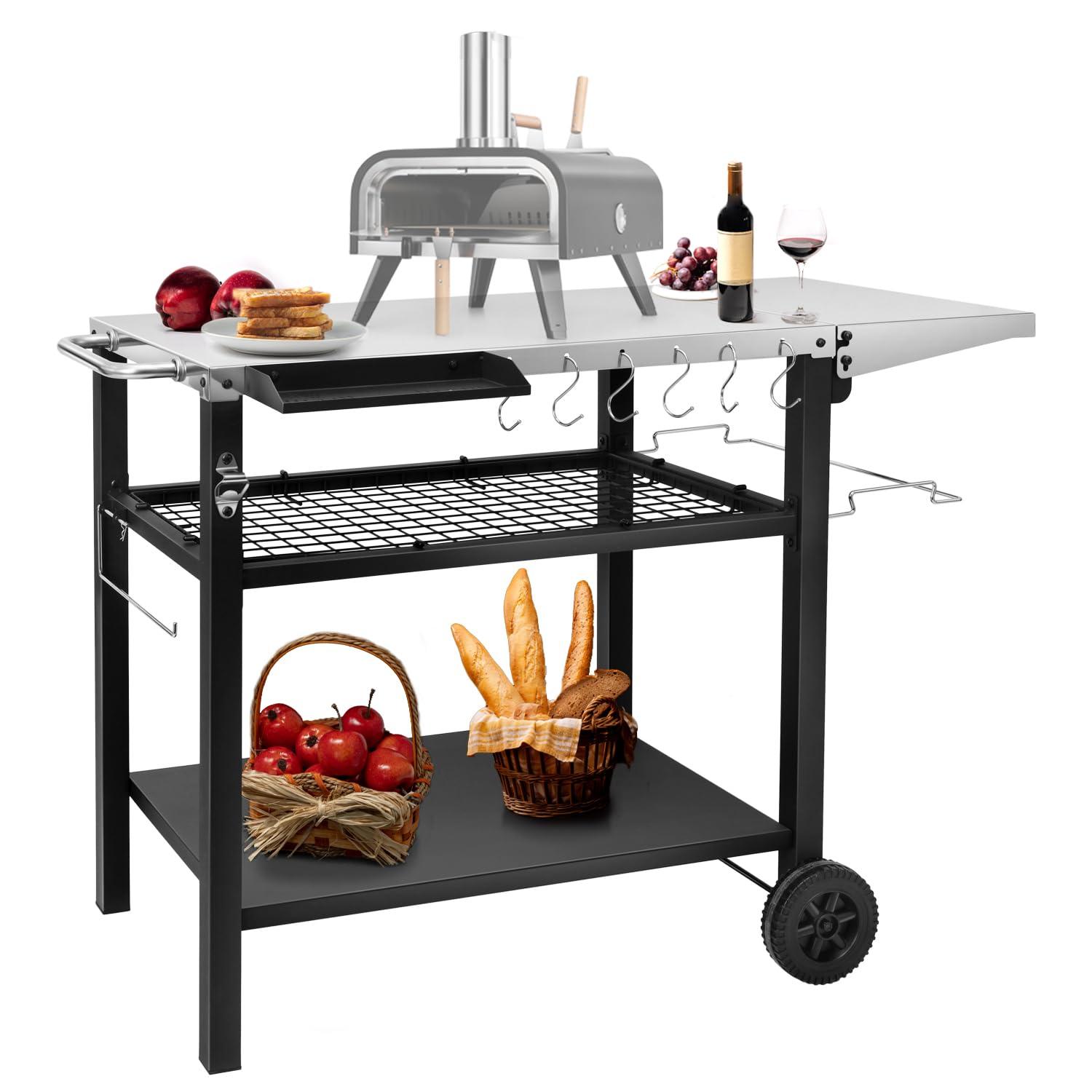 Werqueid Outdoor Grill Cart Table Pizza Oven Stand, Three-Shelf Stainless Steel Food Prep Table Patio BBQ Grill Table Bar Cart Kitchen Island with Wheels