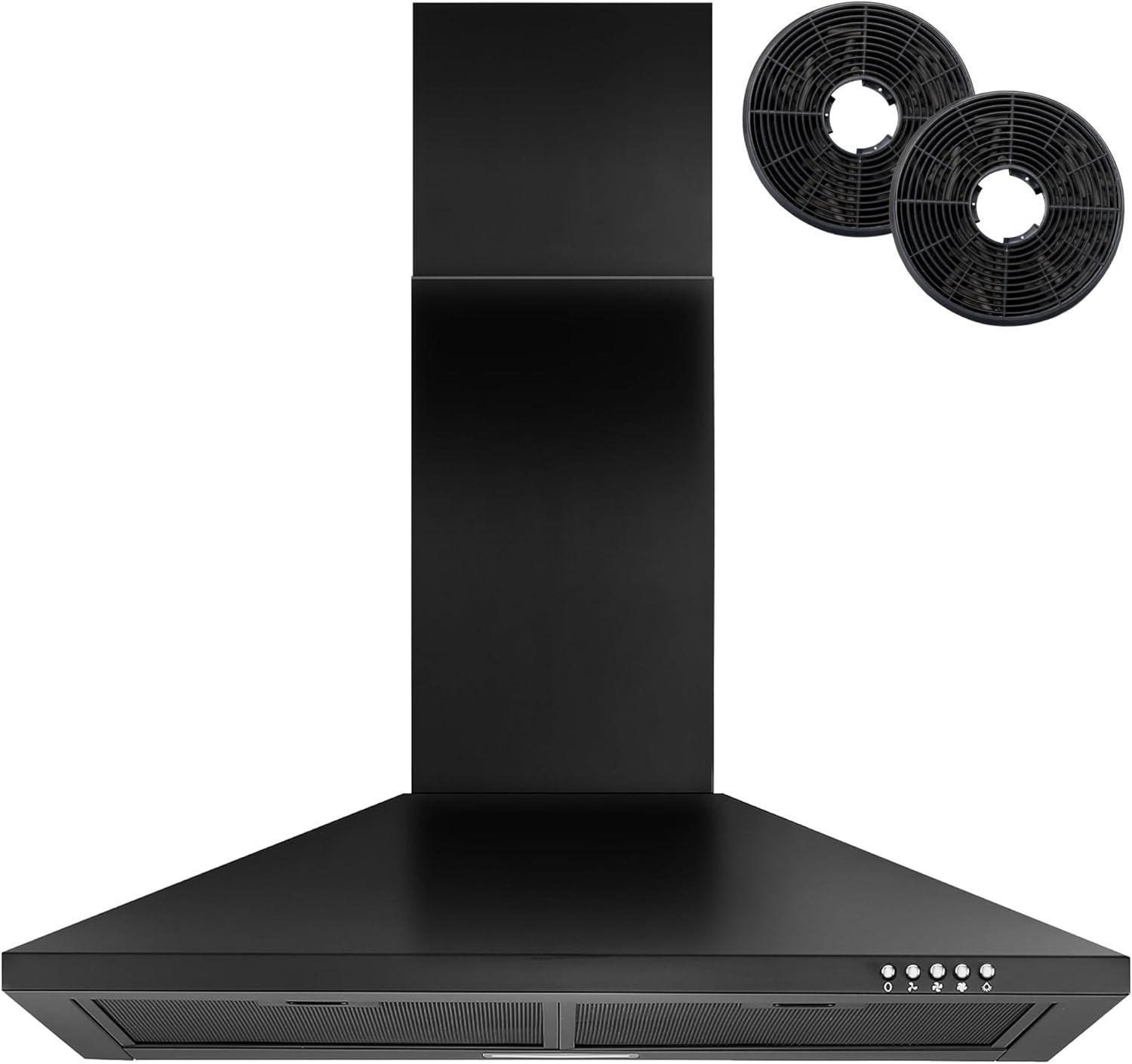 30 Inch Black Range Hood with Charcoal Filters, 450 CFM Stainless Steel Wall Mount Kitchen Hood, Button Control Over Stove Vent Hood with 3 Speed Noiseless Fan, LED Light (450CFM)