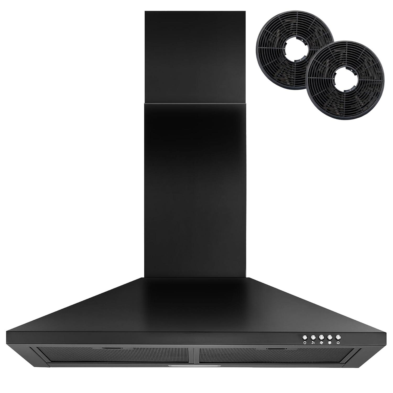 30 Inch Black Range Hood with Charcoal Filters, 450 CFM Stainless Steel Wall Mount Kitchen Hood, Button Control Over Stove Vent Hood with 3 Speed Noiseless Fan, LED Light (450CFM)