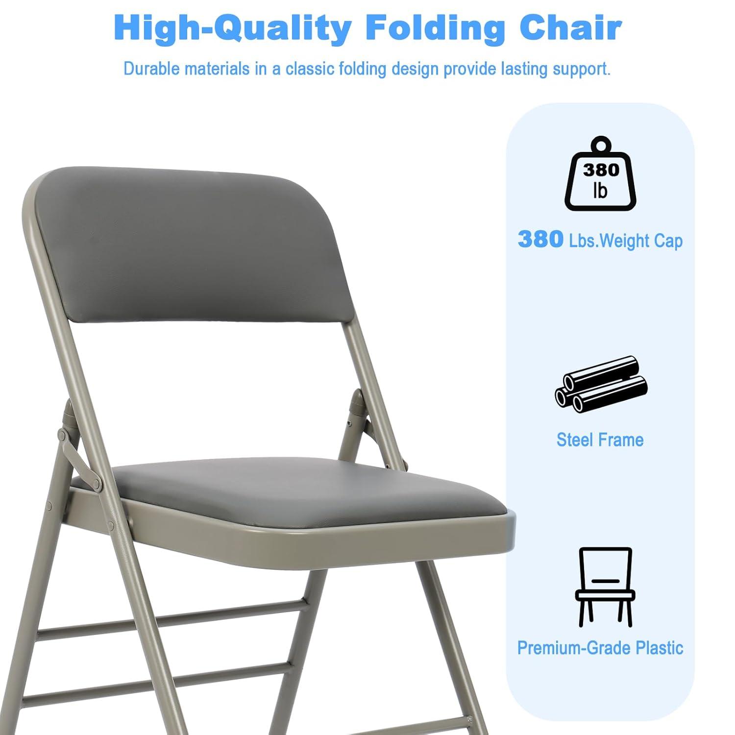 Folding Chairs with Padded Cushion and Back, 4pcs Potable Iron & PVC Durable Chairs for Indoor and Outdoor, School, Office and Garden Party, Gray
