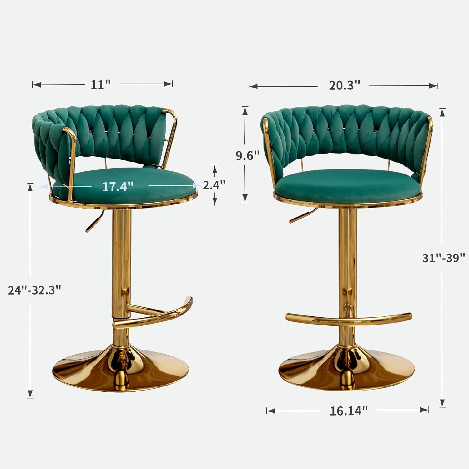 Emerald Green Velvet Adjustable Swivel Bar Stools with Gold Base, Set of 2