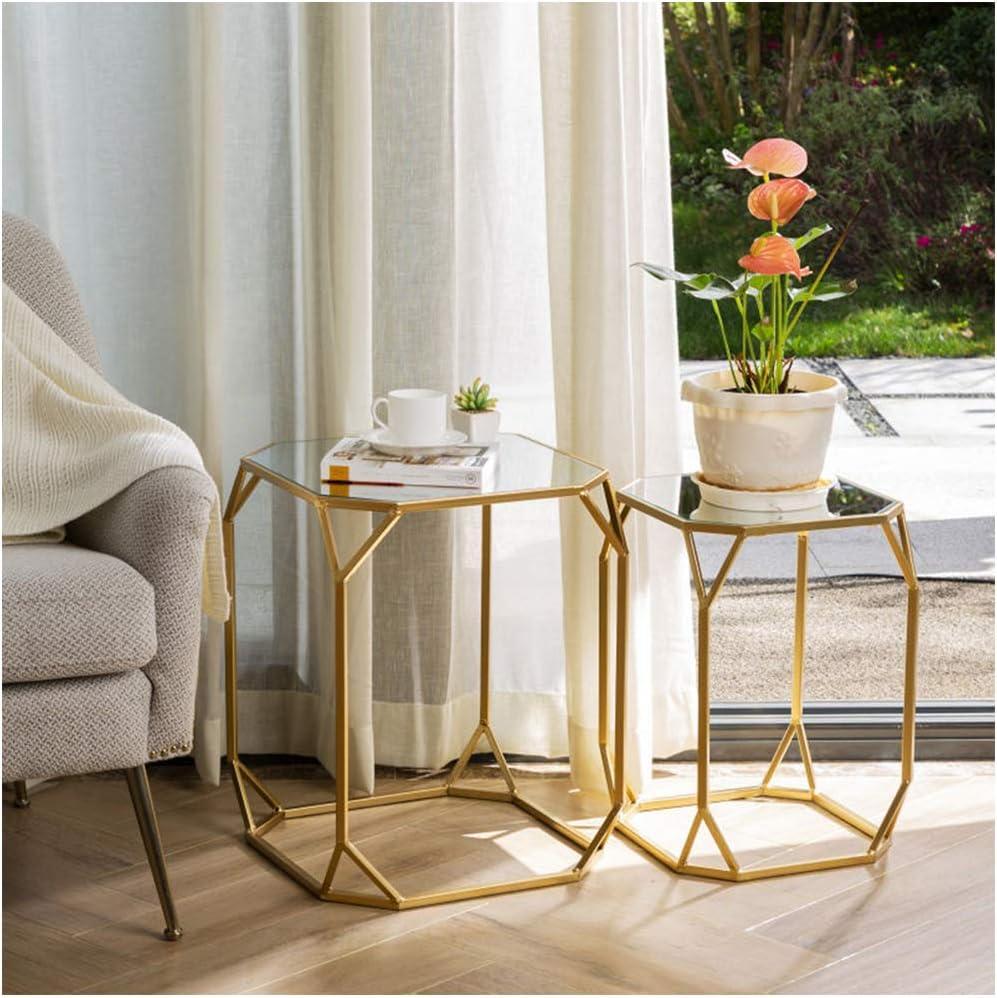Glitzhome Set of 2 Glam Glass Modern Side Table Sofa Table Octagon-Gold Octagon