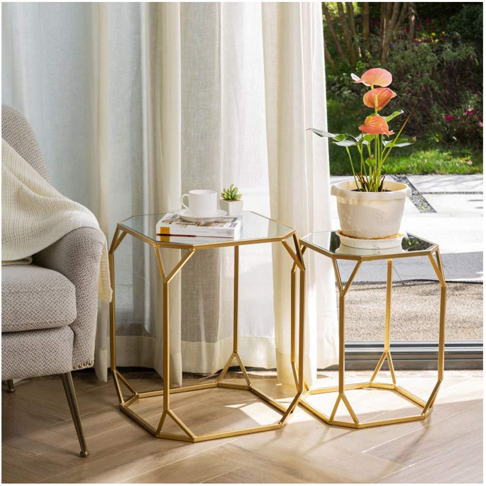 Glitzhome Set of 2 Glam Glass Modern Side Table Sofa Table Octagon-Gold Octagon