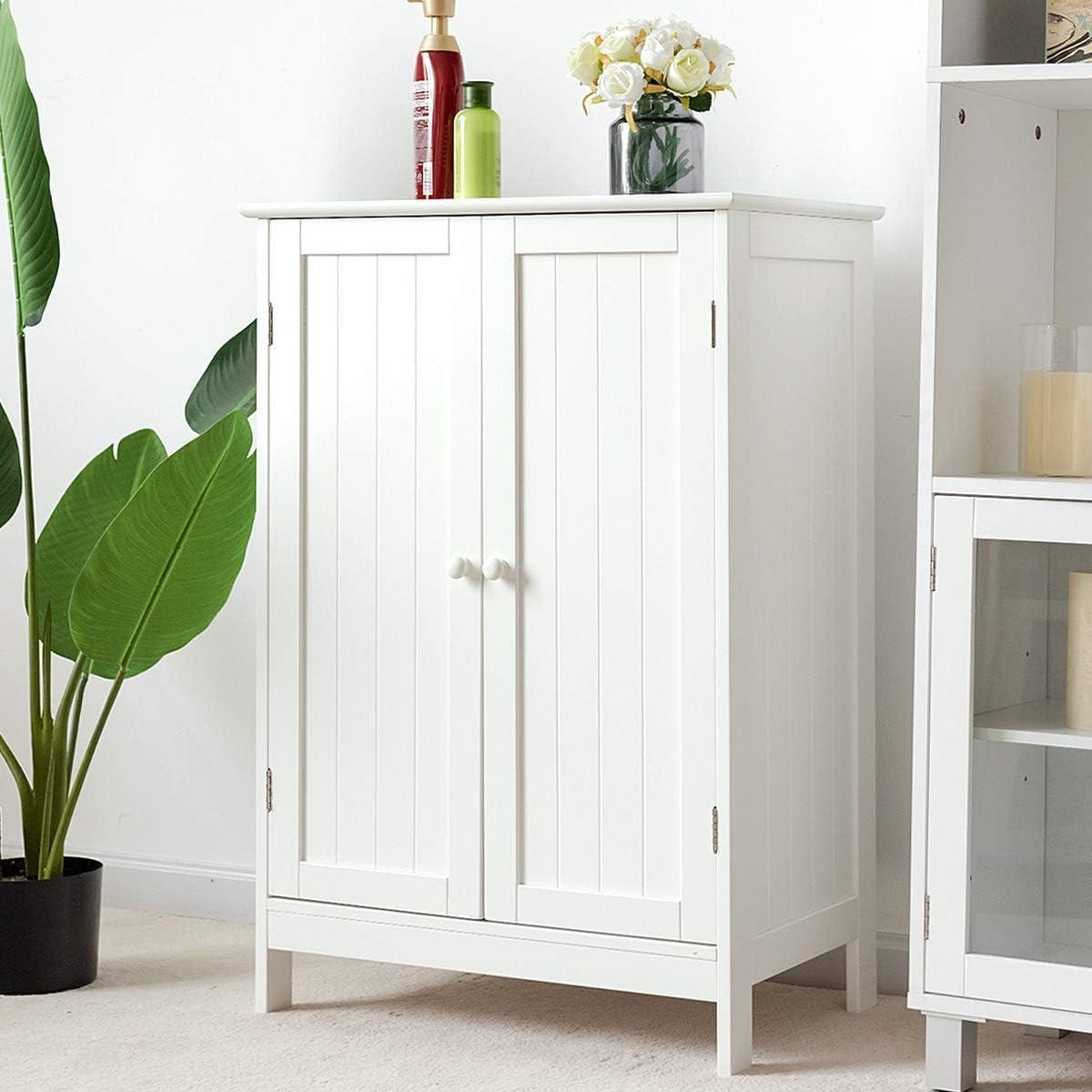 White MDF Bathroom Floor Cabinet with Adjustable Shelving