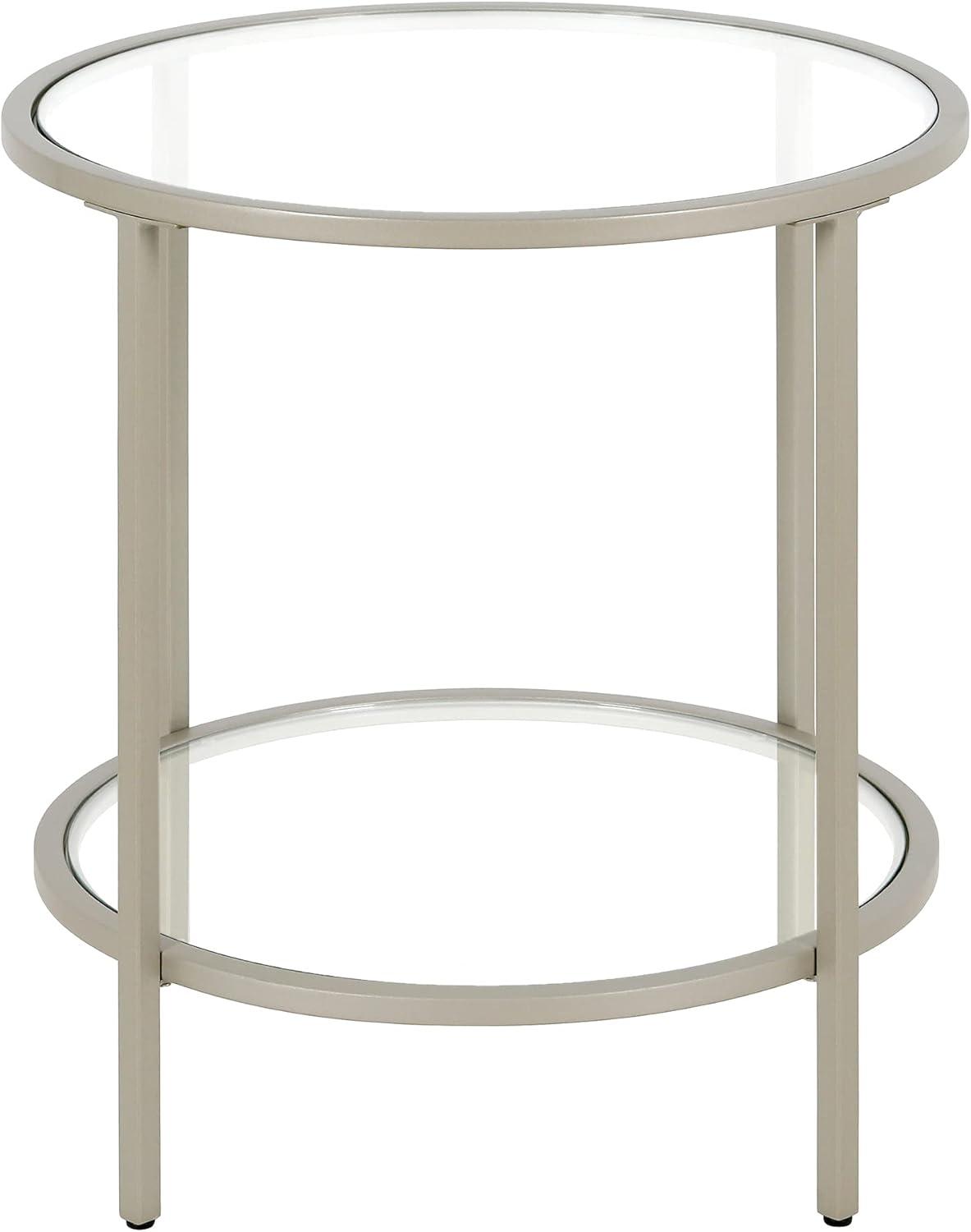 Satin Nickel 20" Round Metal & Glass Side Table with Shelf