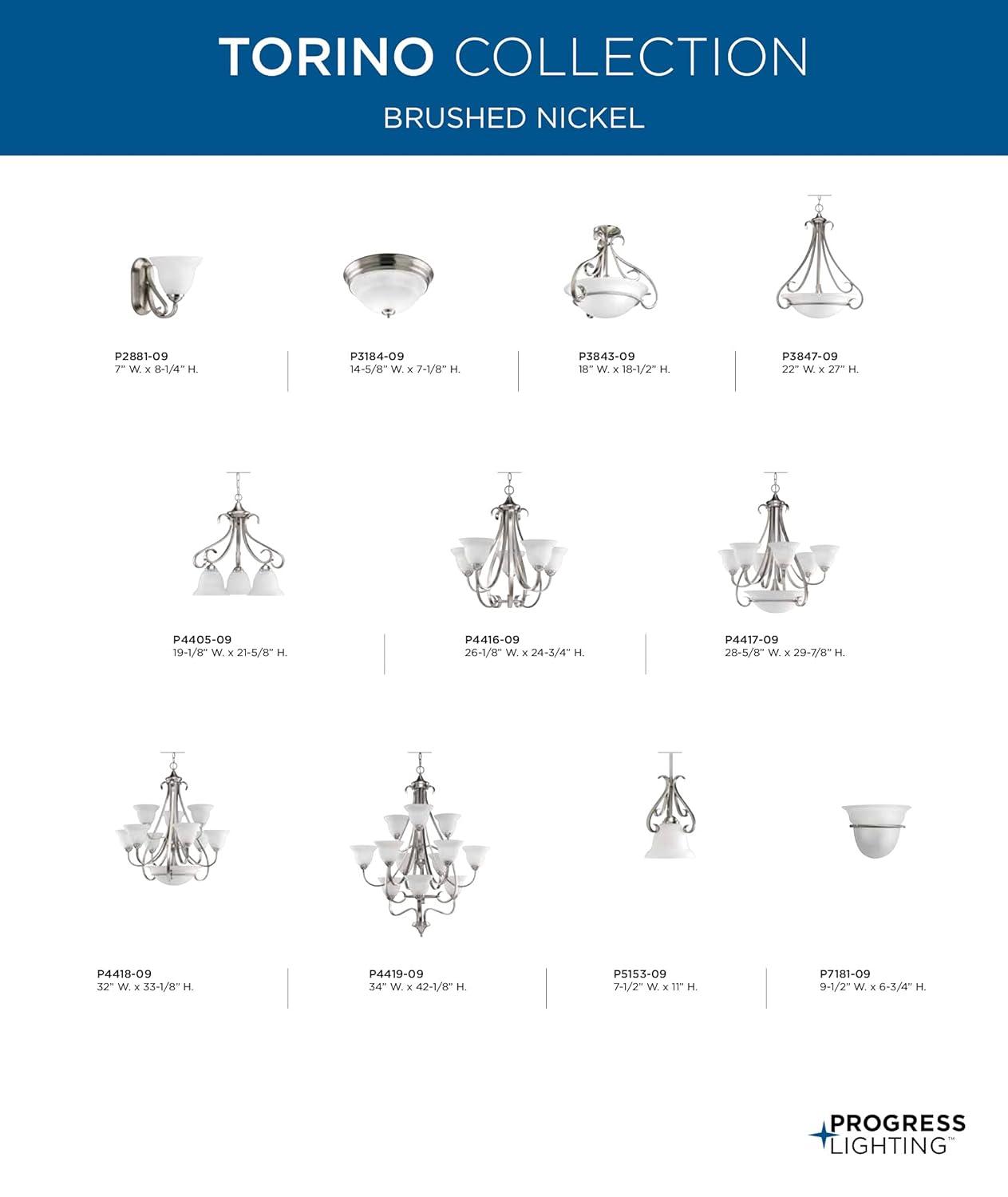 Progress Lighting Torino 3-Light Inverted Pendant, Brushed Nickel, Etched White Glass Bowl, Porcelain Material