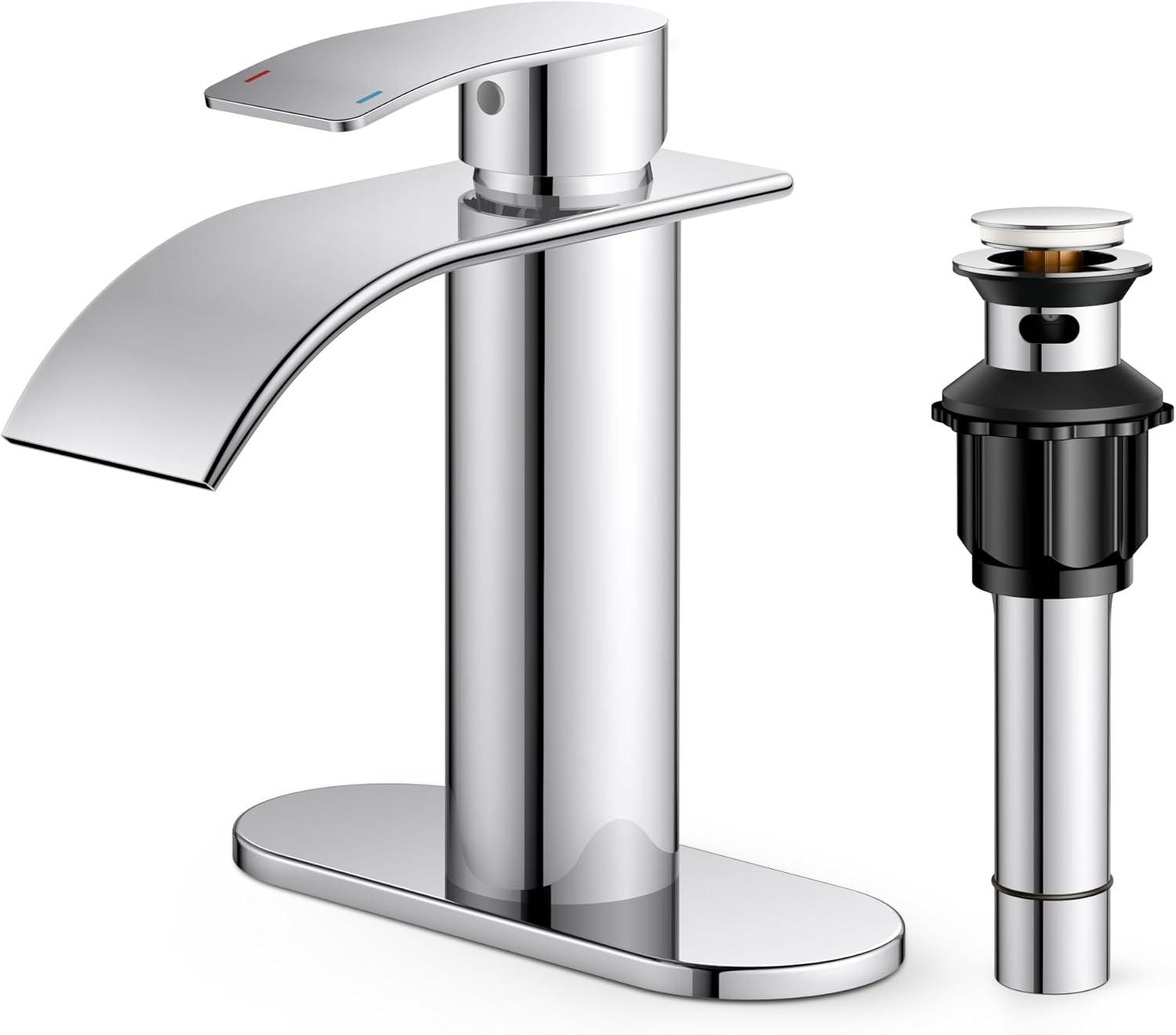 Chrome Single Handle Waterfall Bathroom Faucet with Pop-Up Drain