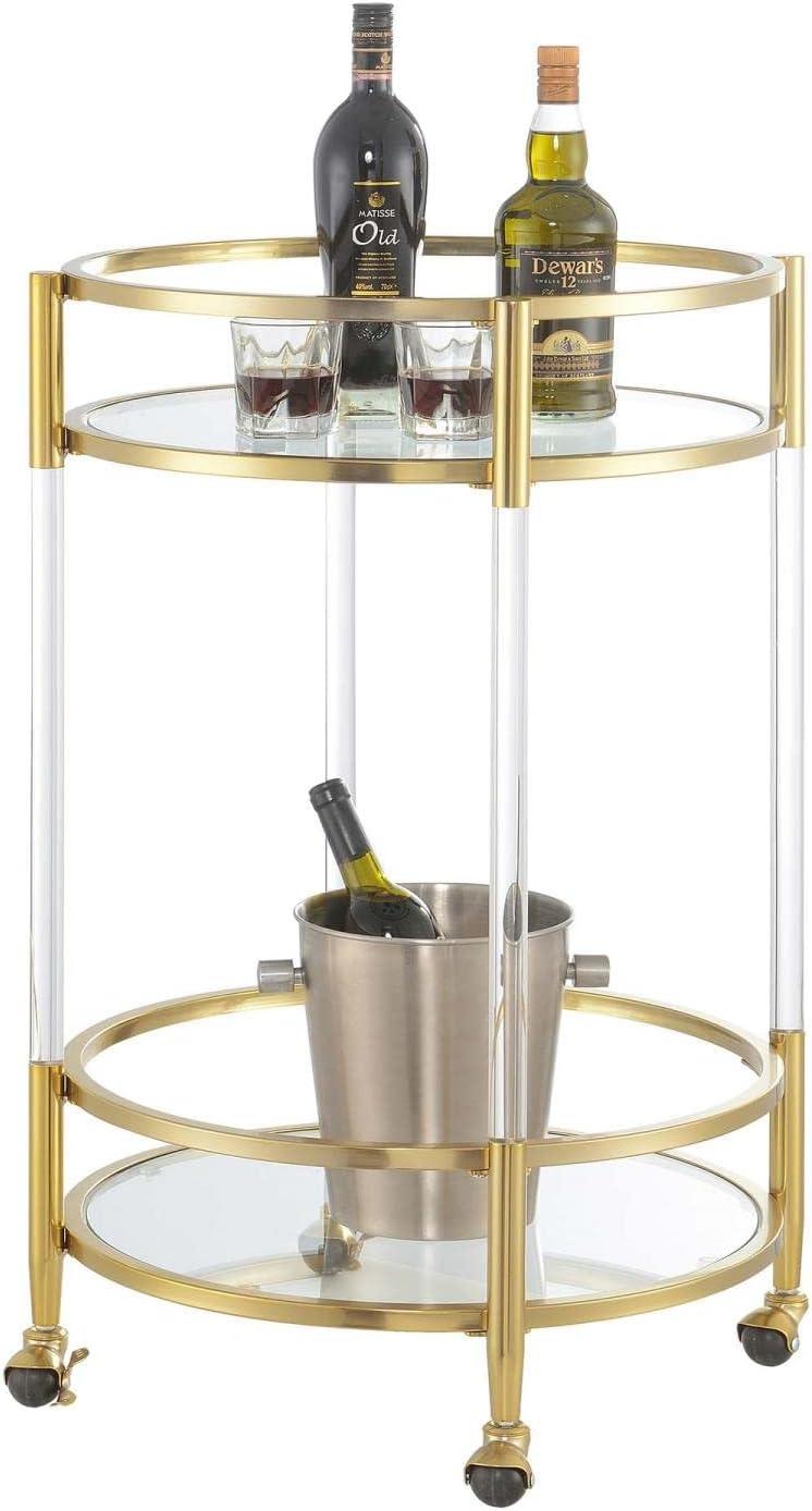 Royal Crest Two-Tier Acrylic Round Bar Cart in Clear Glass with Gold Metal Frame