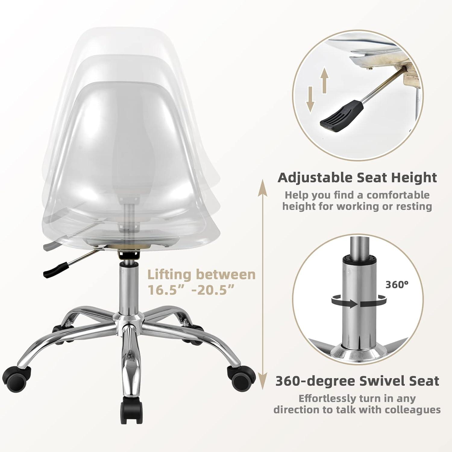 Giantex Acrylic Desk Chair, Clear Armless Office Rolling Chair, Height Adjustable Leisure Ghost Chair w/Chromed Base, Modern Cute Vanity Chair, Swivel Computer Chair for Home Office