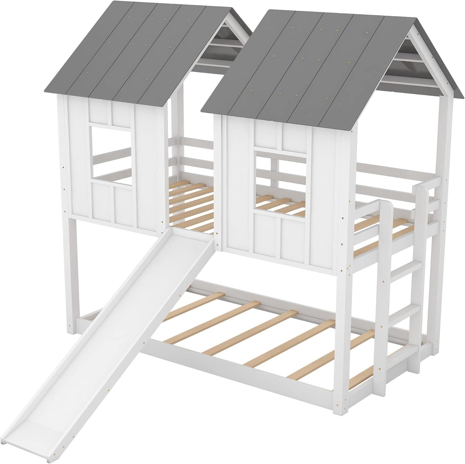 MERITLINE House Bunk Bed with Slide Twin Over Twin, Kids House Bunk Beds with Roof and Windows, Playhouse Bed for Kids, Girls, Boys, No Spring Box Needed, White
