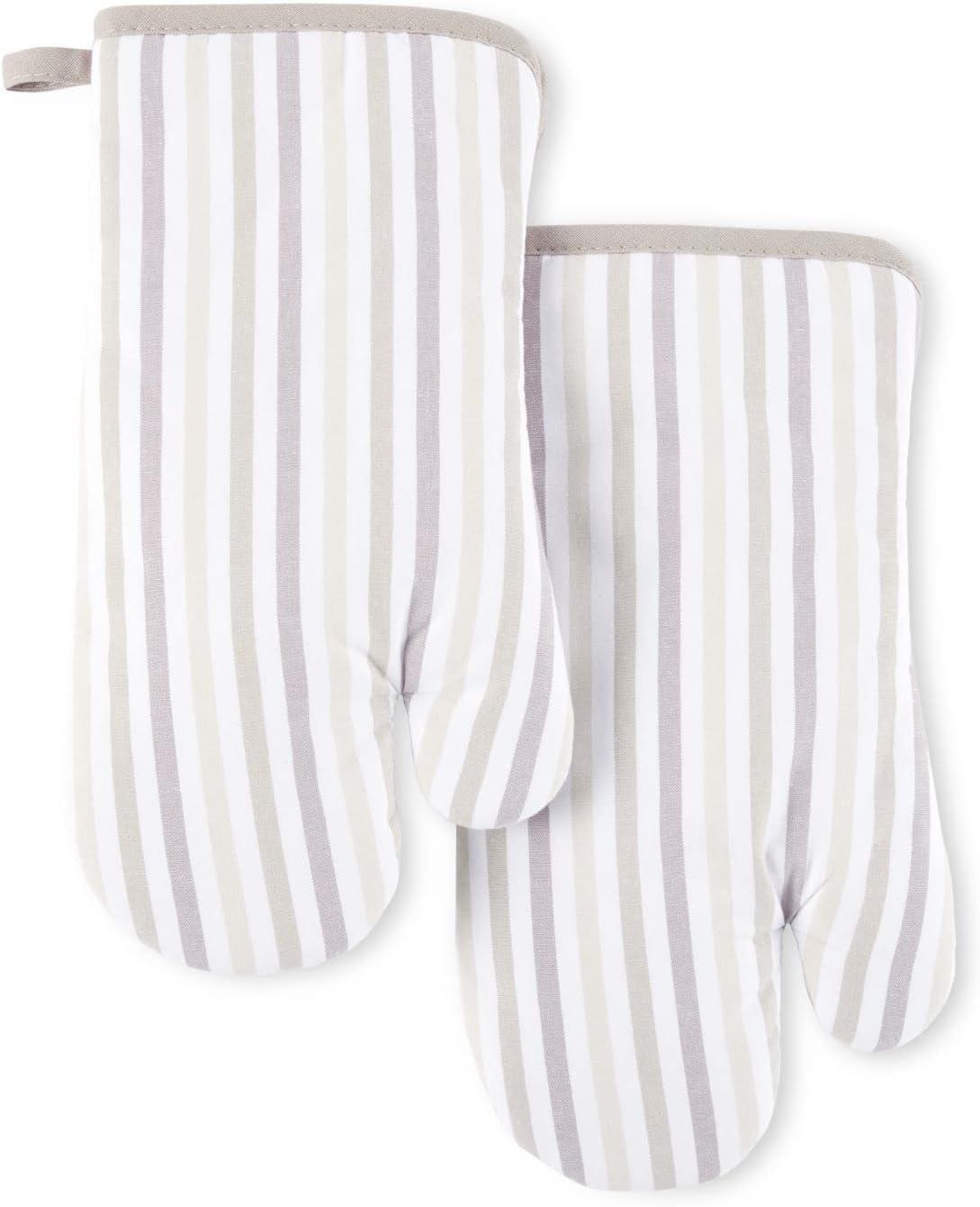 Beige and Brown Striped Cotton Oven Mitt Set, 2-Pack