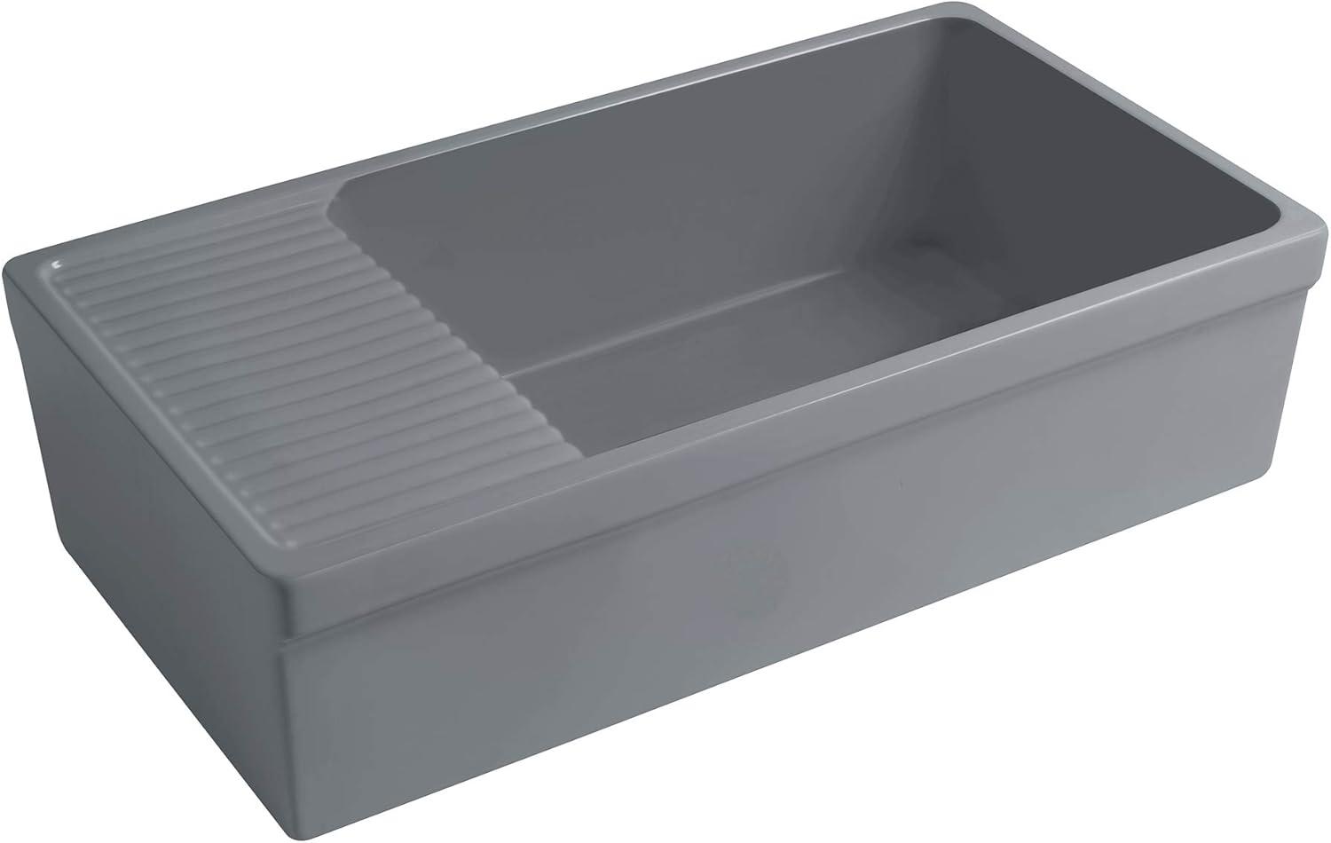 Whitehaus Collection WHQD540-M-CEMENT Whitehaus Collection 36” Single Bowl Fireclay Kitchen Sink: Integral Drainboard, Lip Front Apron