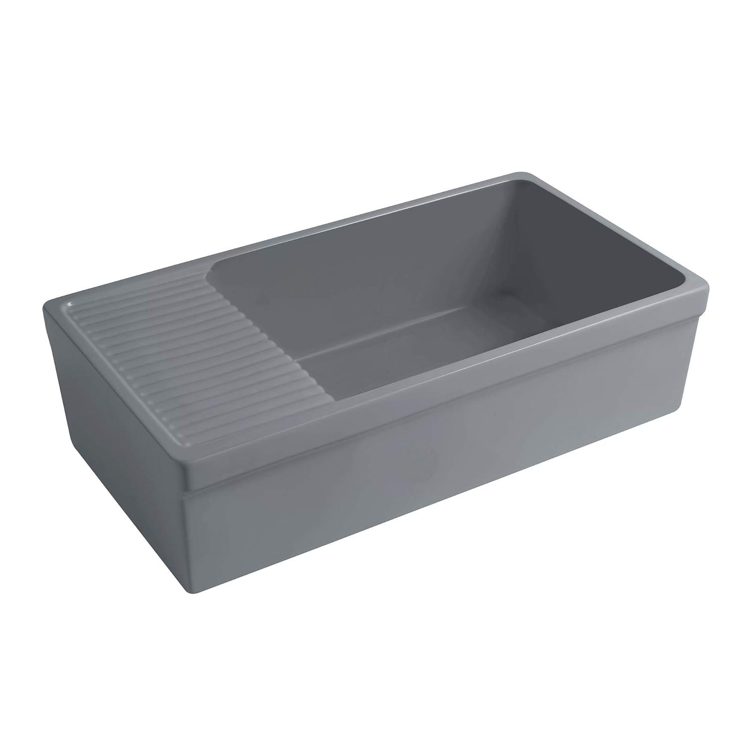 Whitehaus Collection WHQD540-M-CEMENT Whitehaus Collection 36” Single Bowl Fireclay Kitchen Sink: Integral Drainboard, Lip Front Apron