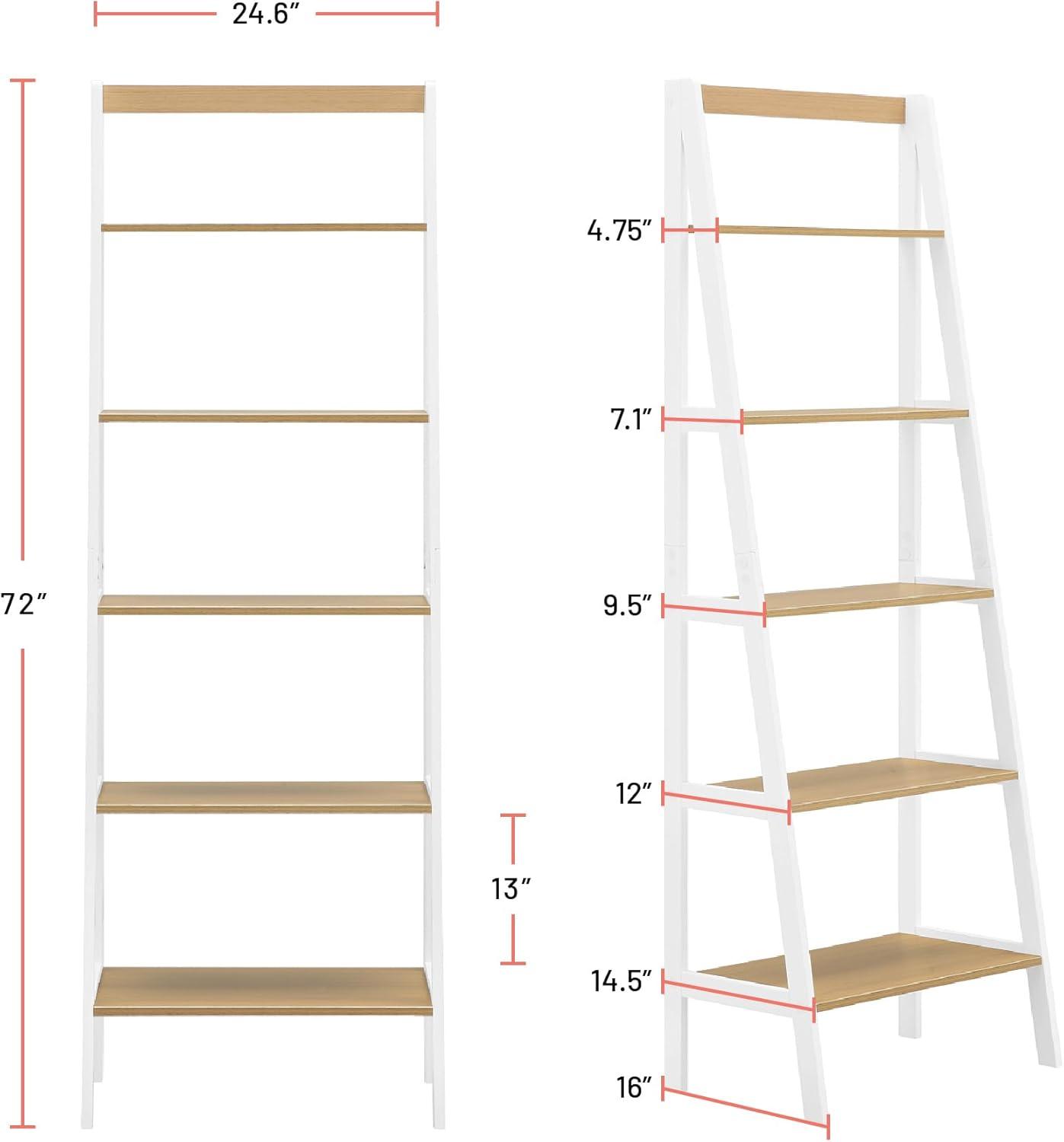 White Adjustable Five-Tier Wood Ladder Shelf