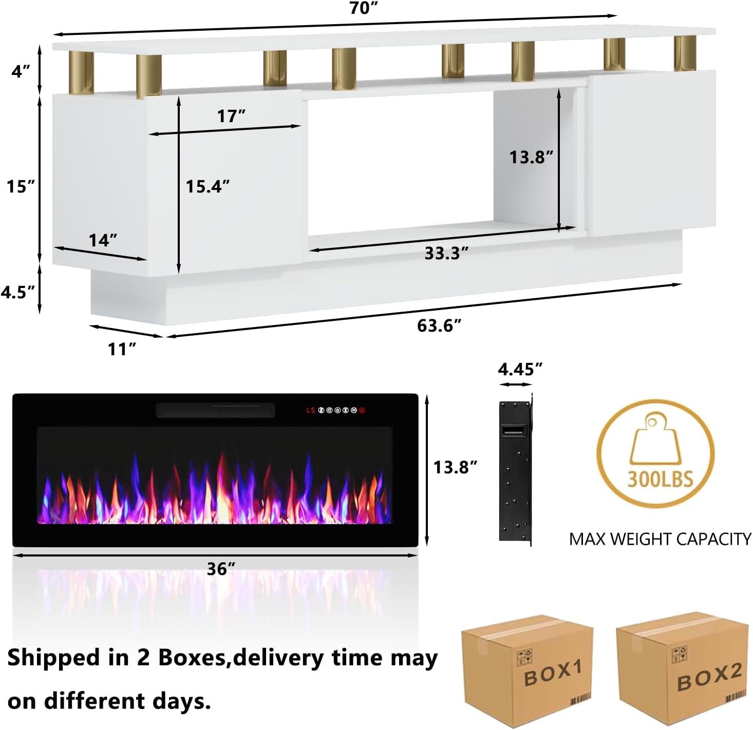 BELLEZE Soporte para Televisor con Chimenea para Televisores de hasta 75", Centro de Entretenimiento con Chimenea Eléctrica de 36", Iluminación Ambiental LED y Almacenamiento, Mesa Consola Multimedia de 69 Pulgadas - Avenue (Blanco)