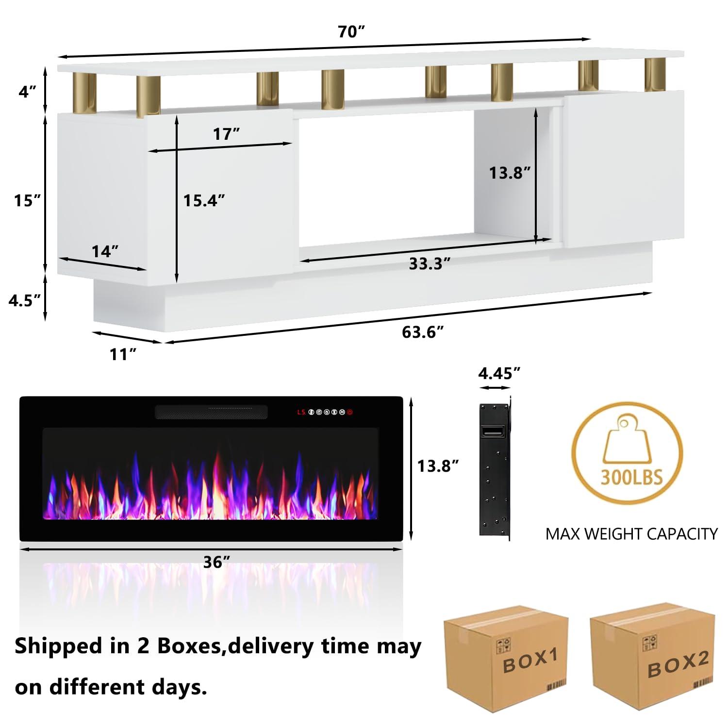BELLEZE Soporte para Televisor con Chimenea para Televisores de hasta 75", Centro de Entretenimiento con Chimenea Eléctrica de 36", Iluminación Ambiental LED y Almacenamiento, Mesa Consola Multimedia de 69 Pulgadas - Avenue (Blanco)