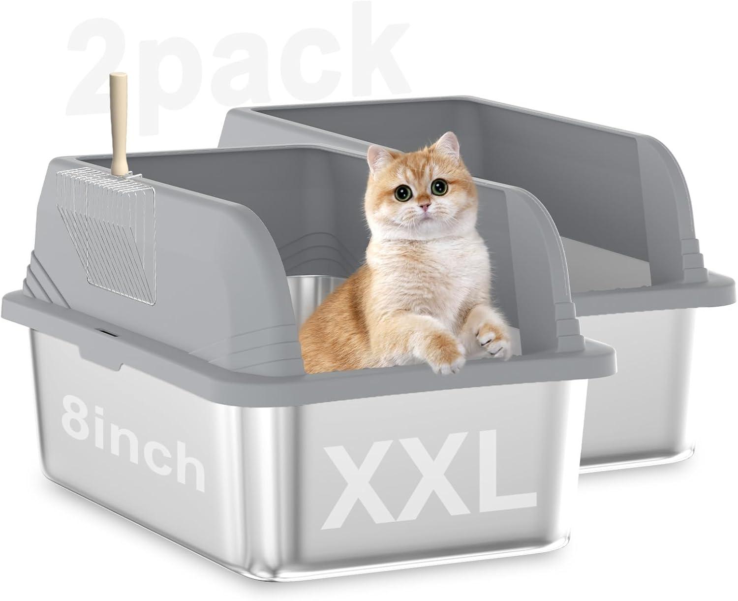 Enclosed Stainless Steel Cat Litter Box with Lid Extra Large Litter Box for Big Cats XL Metal Litter Pan Tray with High Wall Sides Enclosure, Non-Sticky, Anti-Leakage, Easy Cleaning