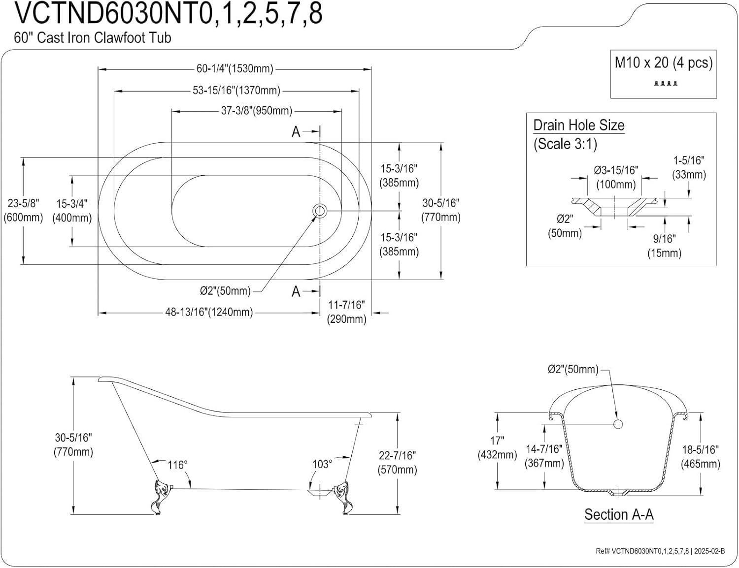 Kingston Brass Aqua Eden 60-Inch Cast Iron Oval Single Slipper Clawfoot Tub (No Faucet Drillings)