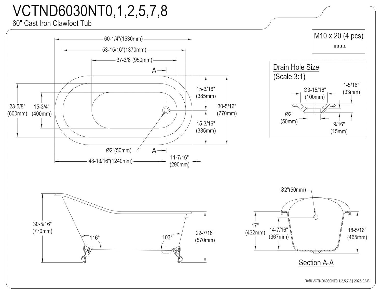 Kingston Brass Aqua Eden 60-Inch Cast Iron Oval Single Slipper Clawfoot Tub (No Faucet Drillings)