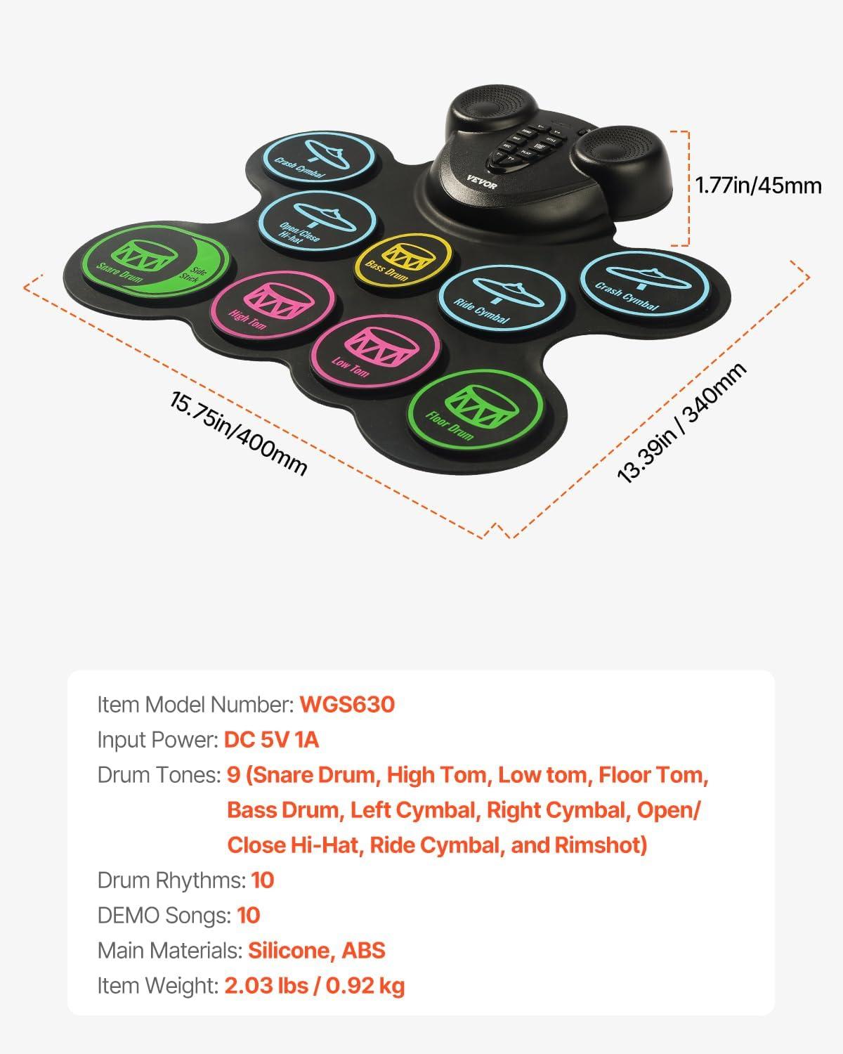 KFFKFF Electronic Drum Kit, Comprising 9 Pads, Compact Roll-up Practice Pad, Digital Drum Set with Headphone Outlet, Twin Pedals, Drum Rods, Integrated Dual Sound Systems, MIDI