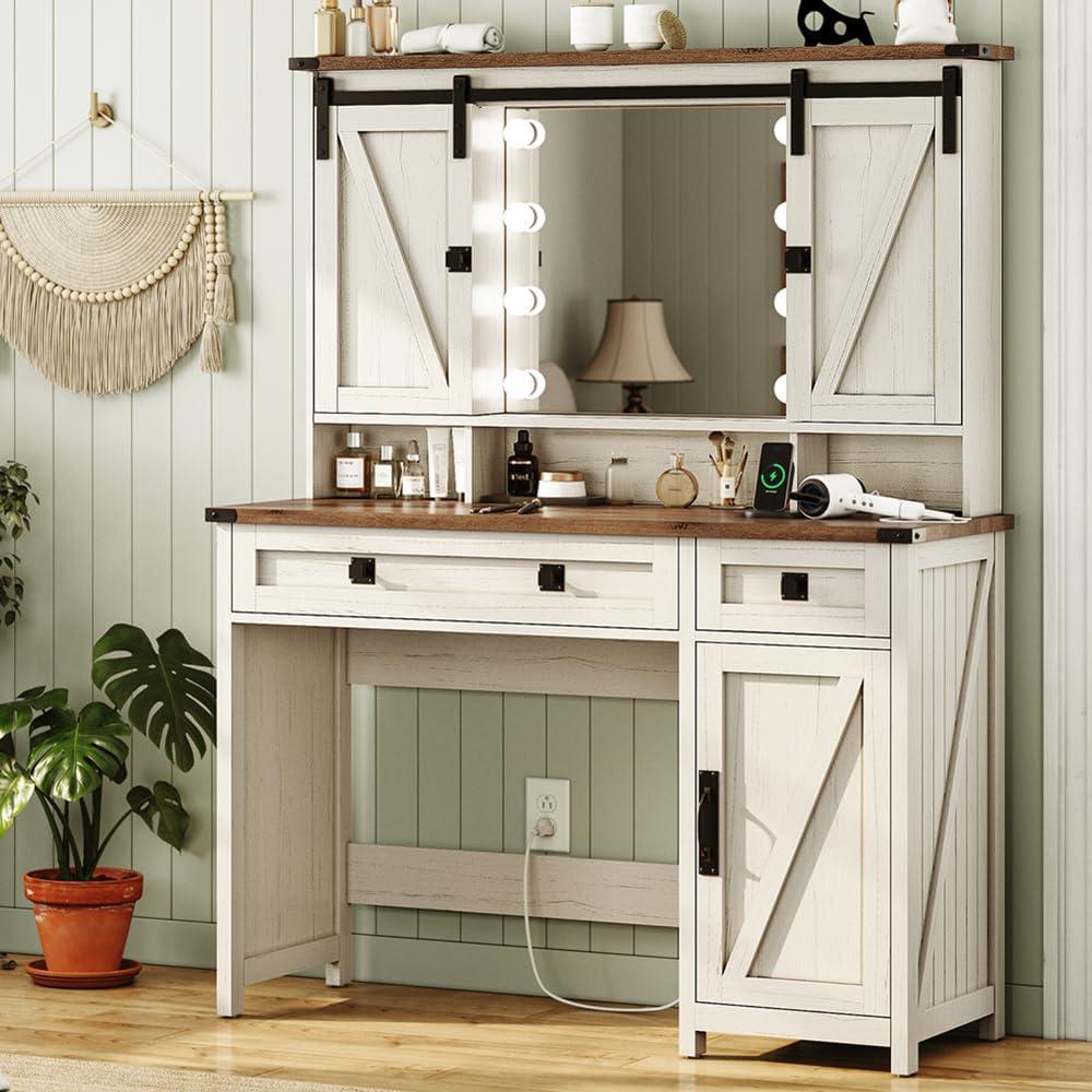 AOGLLATI Makeup Vanity with Lights & Barn Doors, Vanity Desk with Mirror and Lights & Charging Station, Farmhouse White Vanity Table with Jewelry Hooks and Open Storage Shelves