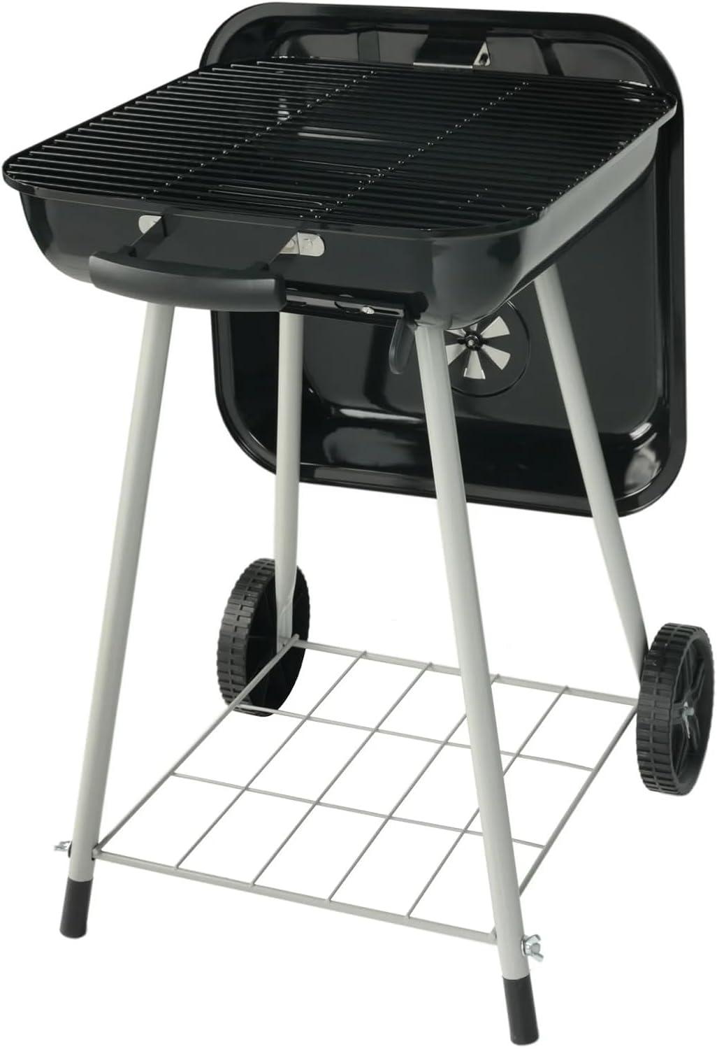 Large Black Steel Charcoal Grill with Wheels and Smoker