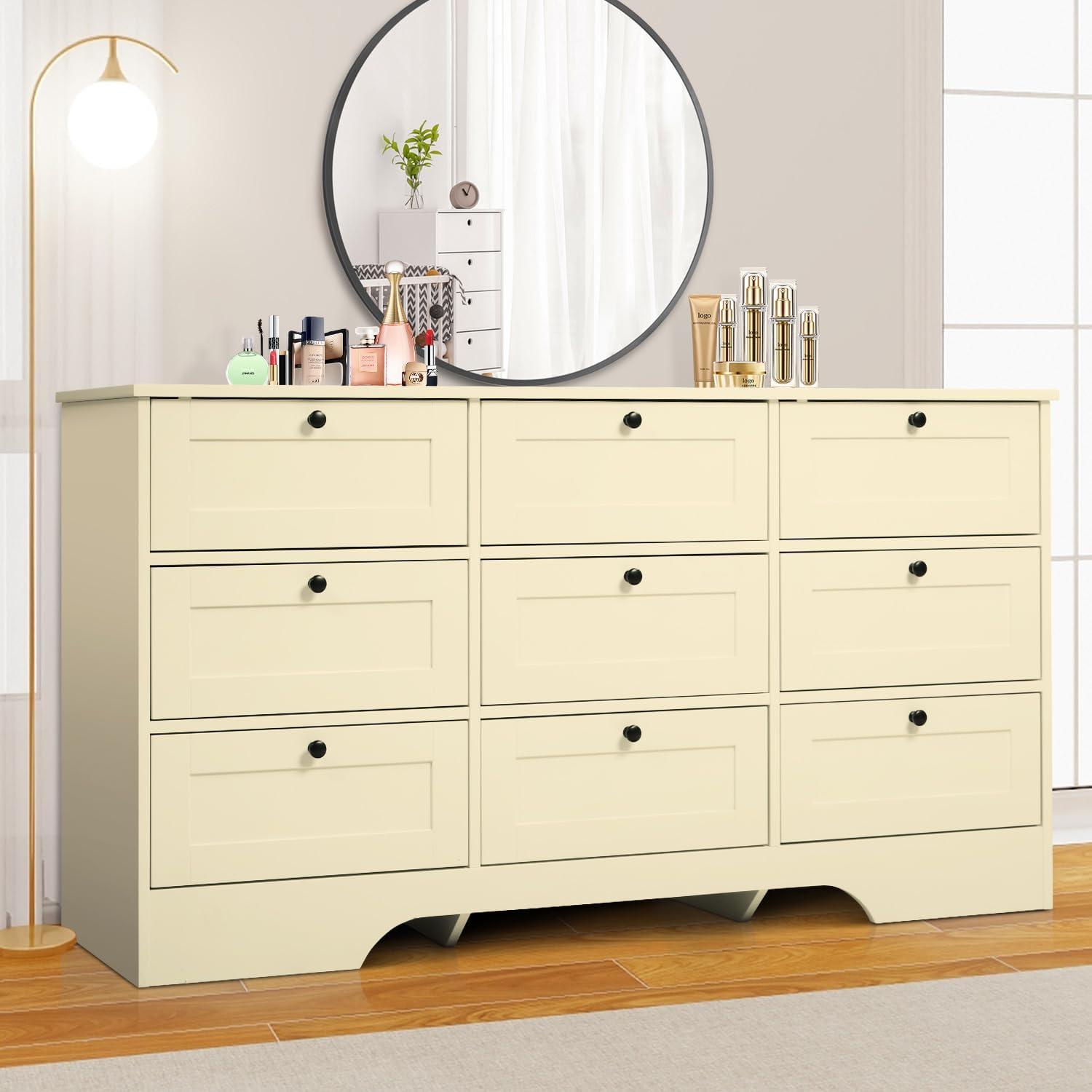 Beige Double 9-Drawer MDF Wood Dresser