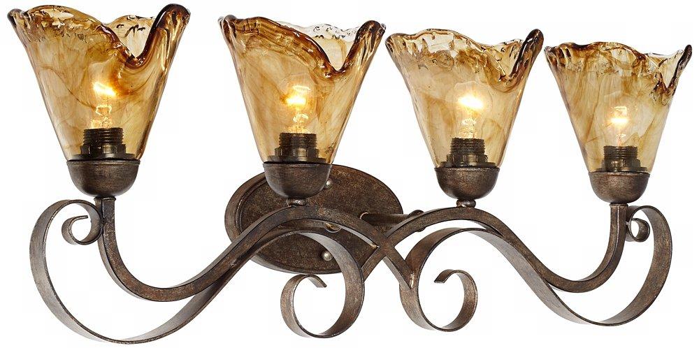 Franklin Iron Works Amber Scroll Rustic Wall Light Golden Bronze 29 1/2" Art Glass Fixture for Bedroom Bathroom Vanity Reading Living Room Hallway