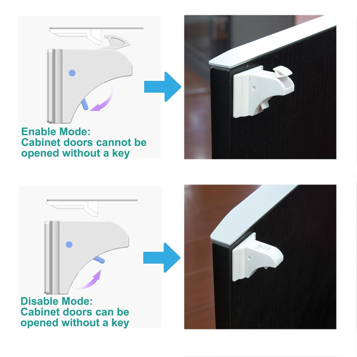 Qaailabf 4-Pack Invisible Magnetic Baby Safety Locks for Cabinets & Drawers - Easy Install, No Drill, Childproof Locking System with 1 Key - Furniture Safe, Adhesive Mount, Fits Surfaces up to 1.4"