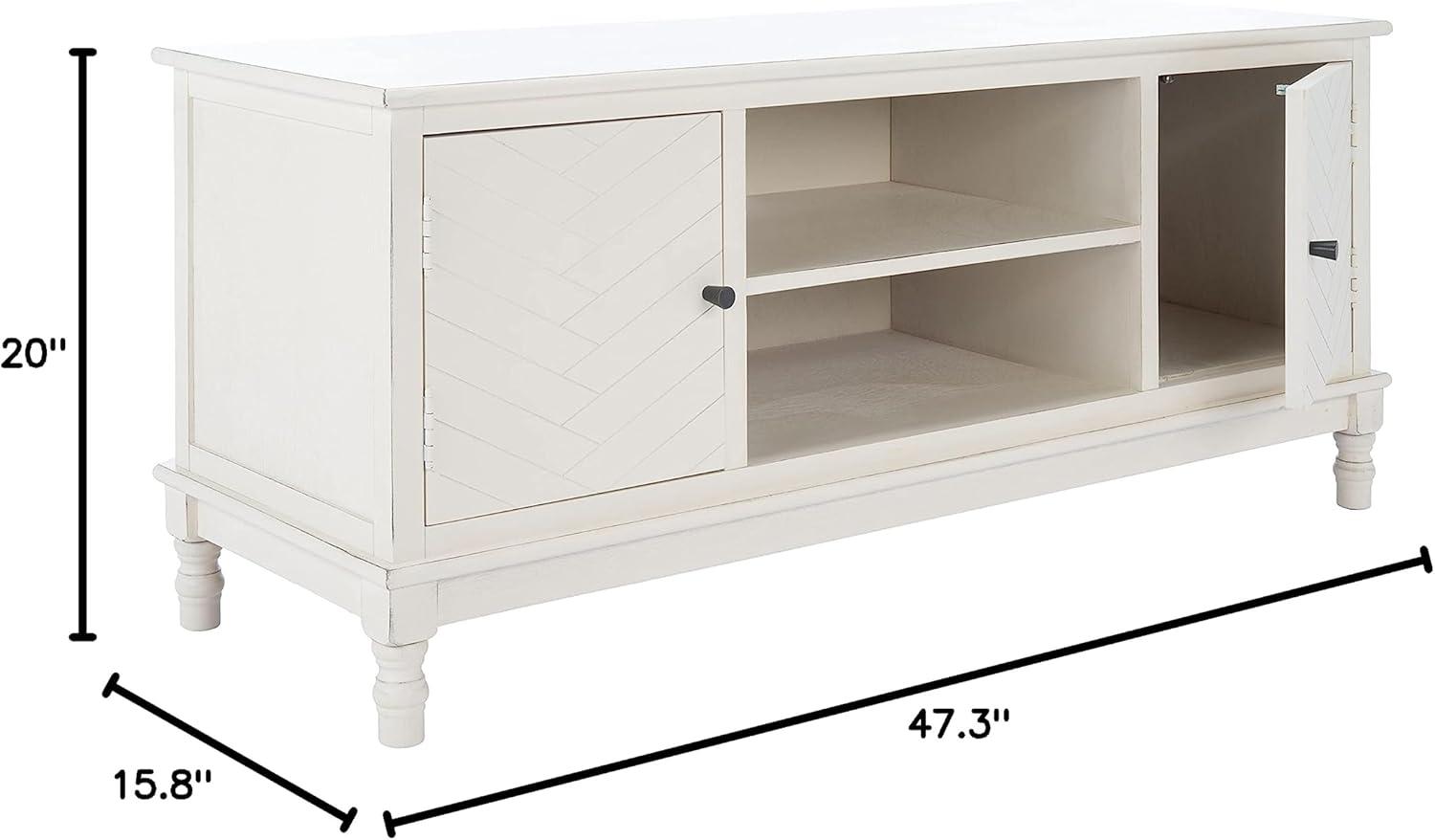 Distressed White Herringbone 2-Door Media Stand with Shelves