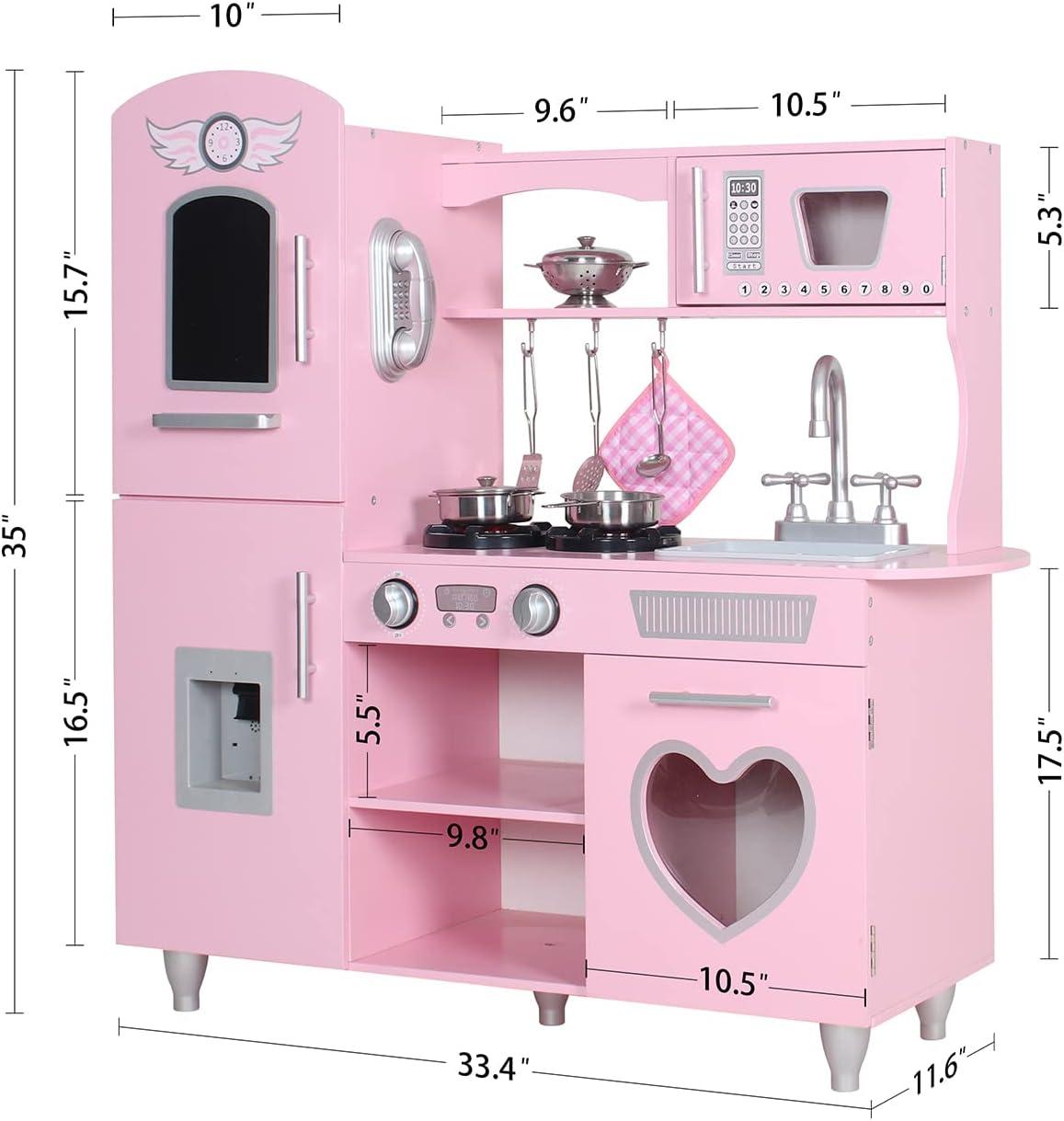 Pink Wooden Play Kitchen Set with LED Lights and Sounds